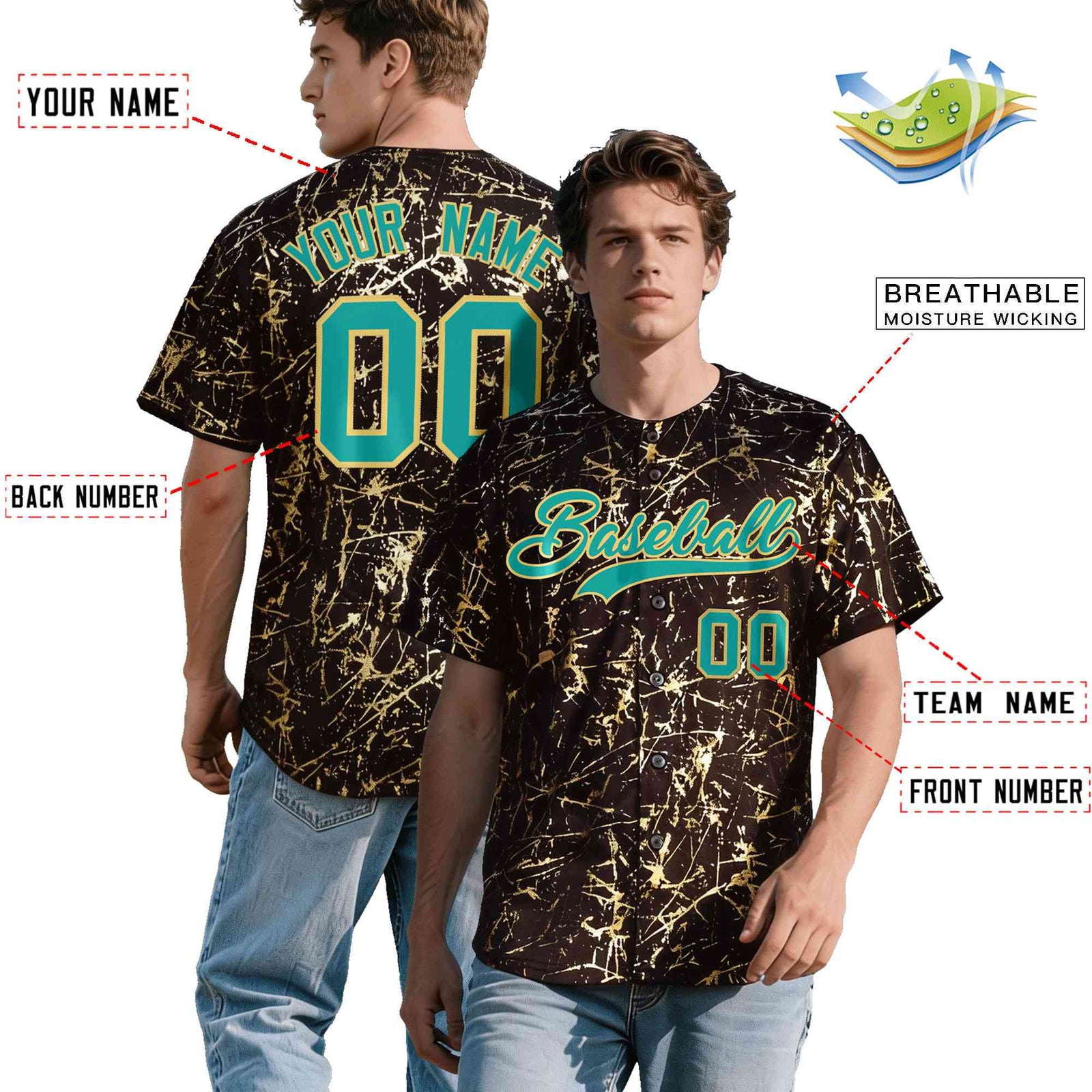 Custom Brown Aqua Metallic Gold Splatter Breathable&Wrinkle-Resistant Baseball Jersey