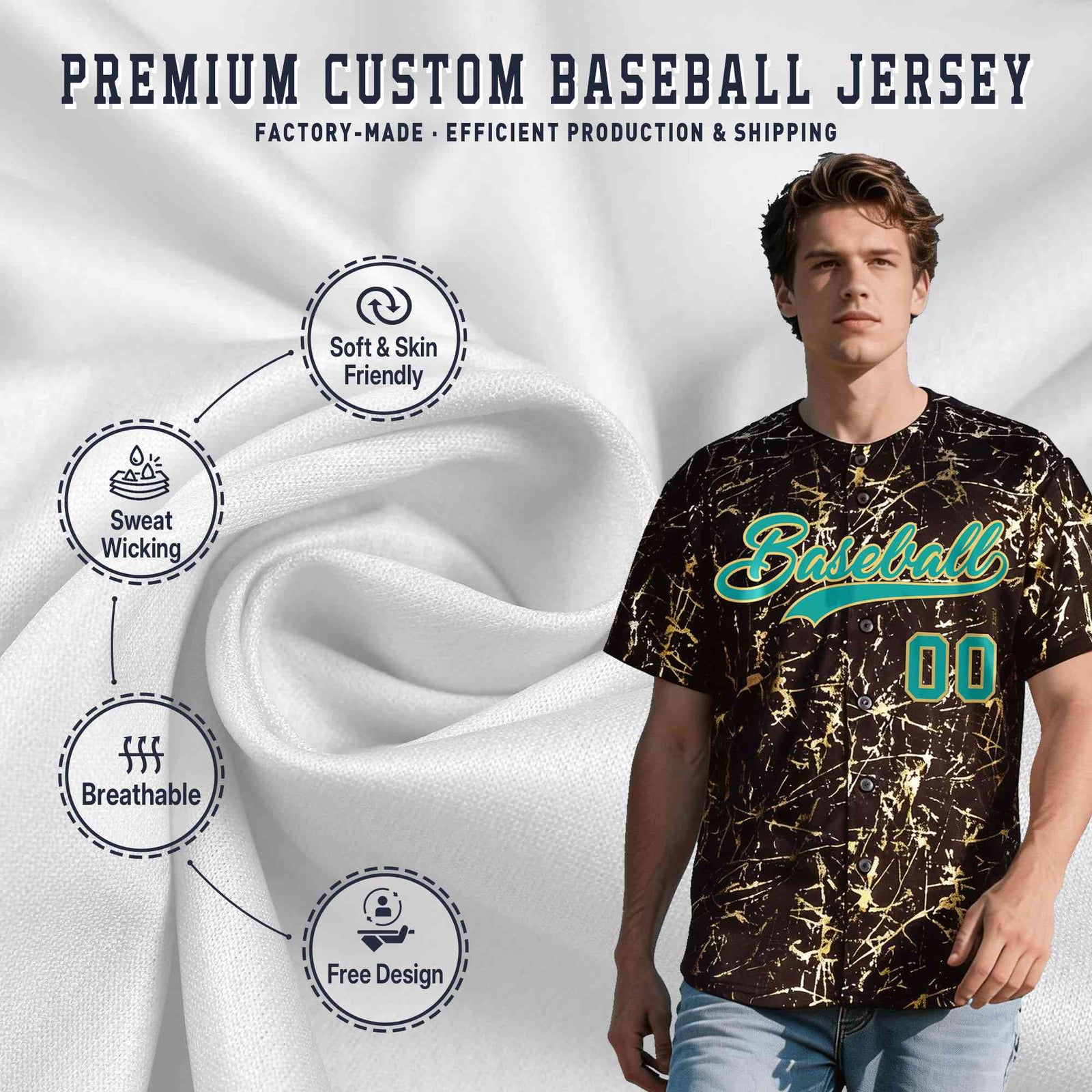 Custom Brown Aqua Metallic Gold Splatter Breathable&Wrinkle-Resistant Baseball Jersey