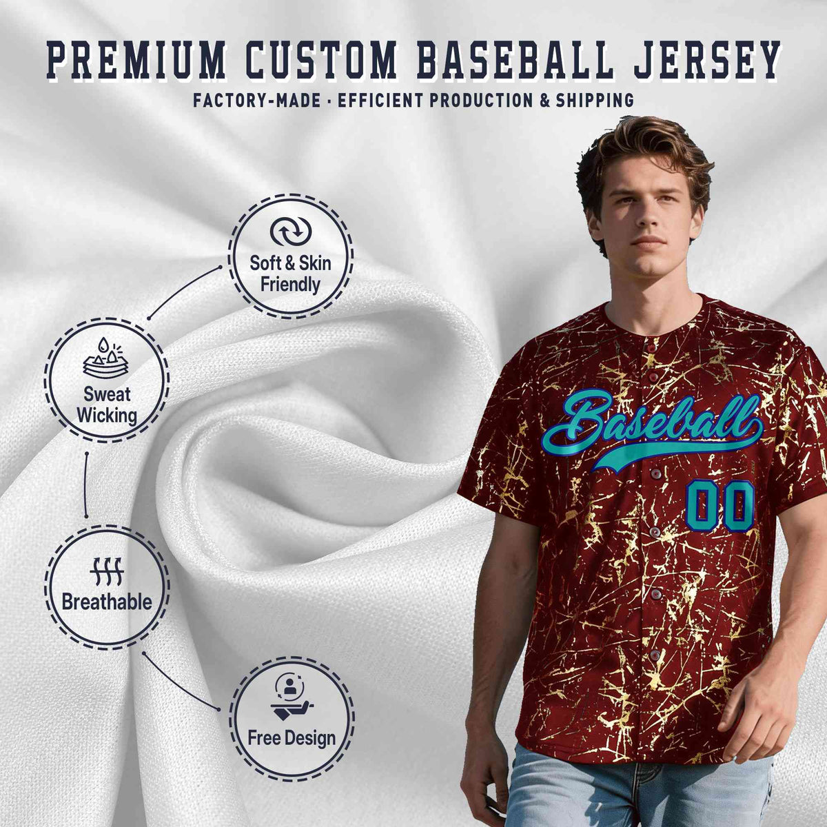Custom Crimson Aqua Black&amp;Gold Marble Print Clubwear Party Streetwear Baseball Jersey