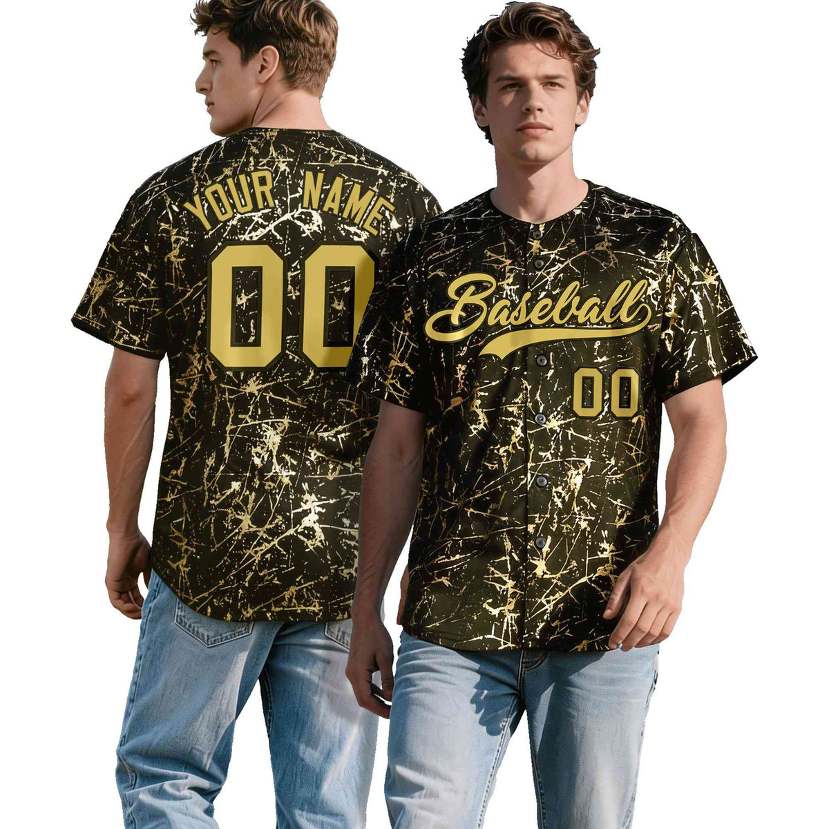 Custom Olive Old Gold Black&amp;Shiny Gold Cracked Foil Hip Hop Button Down Baseball Jersey