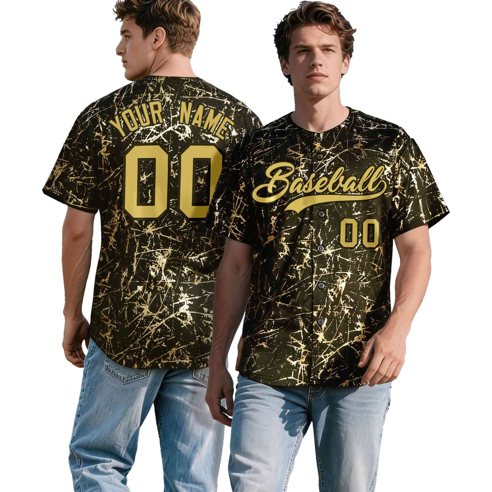 Custom Olive Old Gold Black&Shiny Gold Cracked Foil Hip Hop Button Down Baseball Jersey