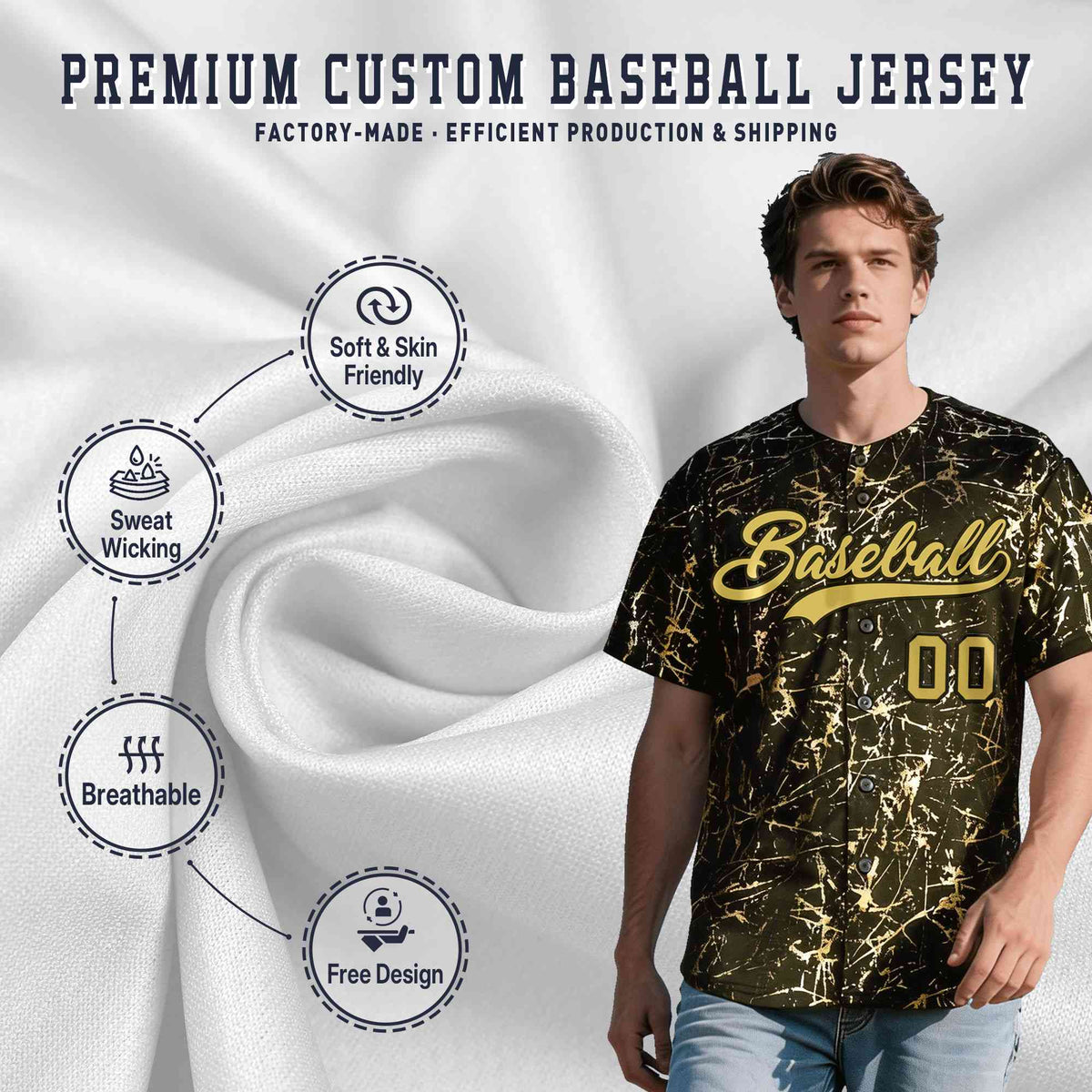 Custom Olive Old Gold Black&amp;Shiny Gold Cracked Foil Hip Hop Button Down Baseball Jersey