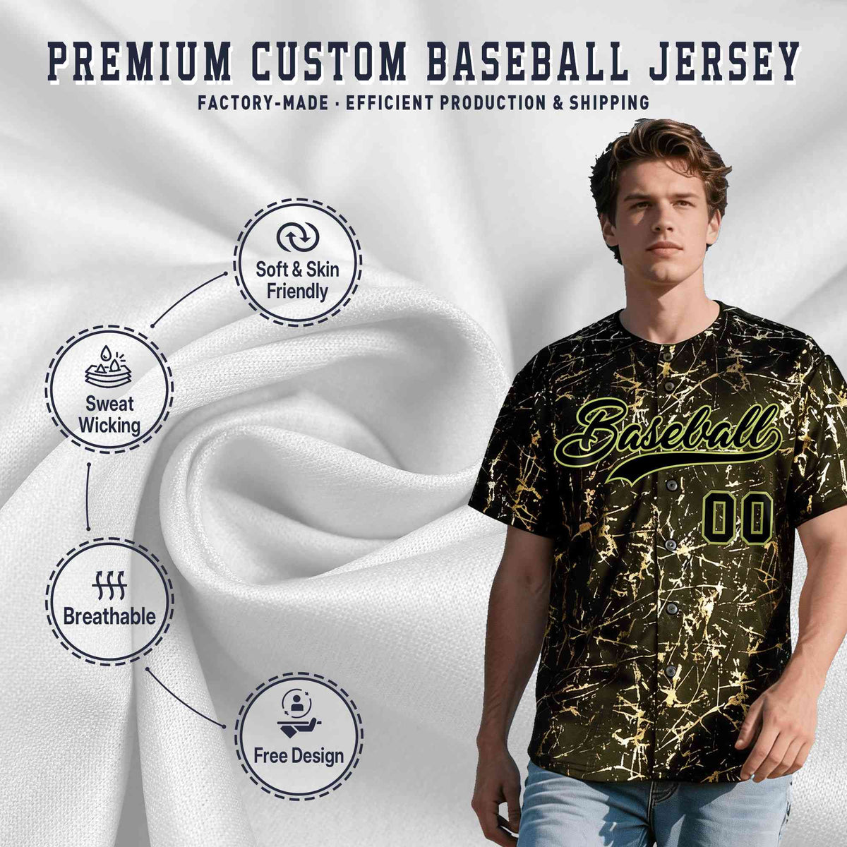 Custom Olive Black Metallic Gold Splatter Breathable&amp;Wrinkle-Resistant Baseball Jersey