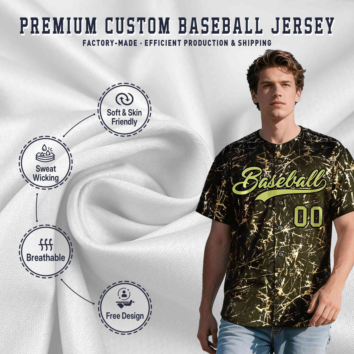 Custom Olive Champagne Black&amp;Gold Marble Print Clubwear Party Streetwear Baseball Jersey