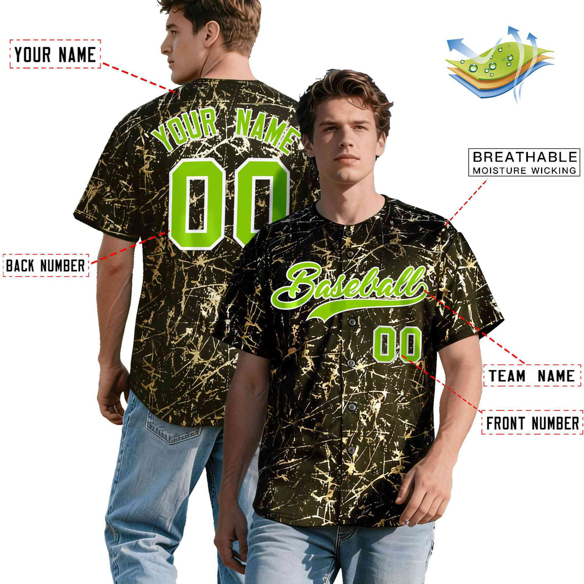Custom Olive Neon Green Metallic Gold Splatter Urban Streetwear Baseball Jersey
