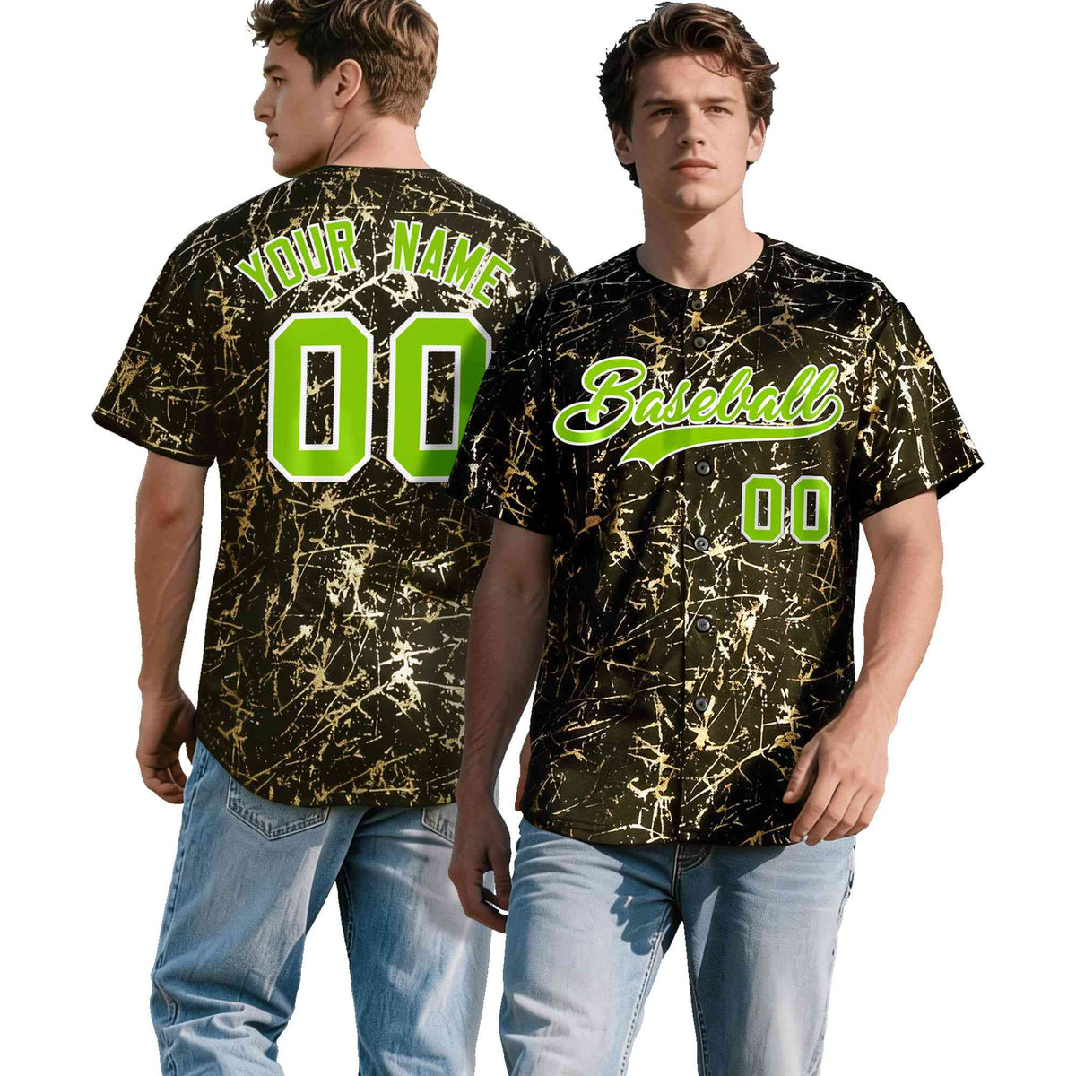 Custom Olive Neon Green Metallic Gold Splatter Urban Streetwear Baseball Jersey