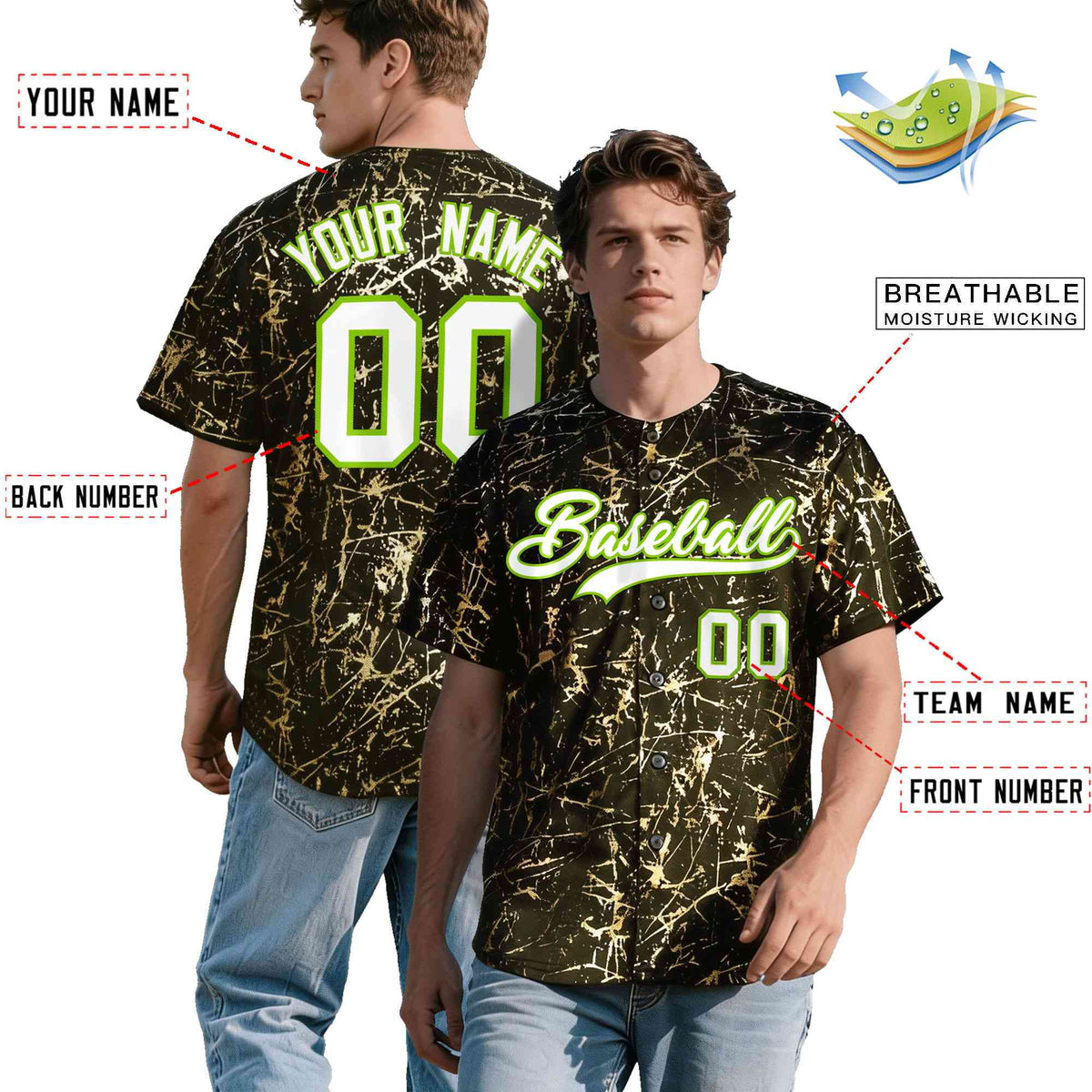 Custom Olive White Black&amp;Shiny Gold Cracked Foil Breathable Mesh Streetwear Baseball Jersey