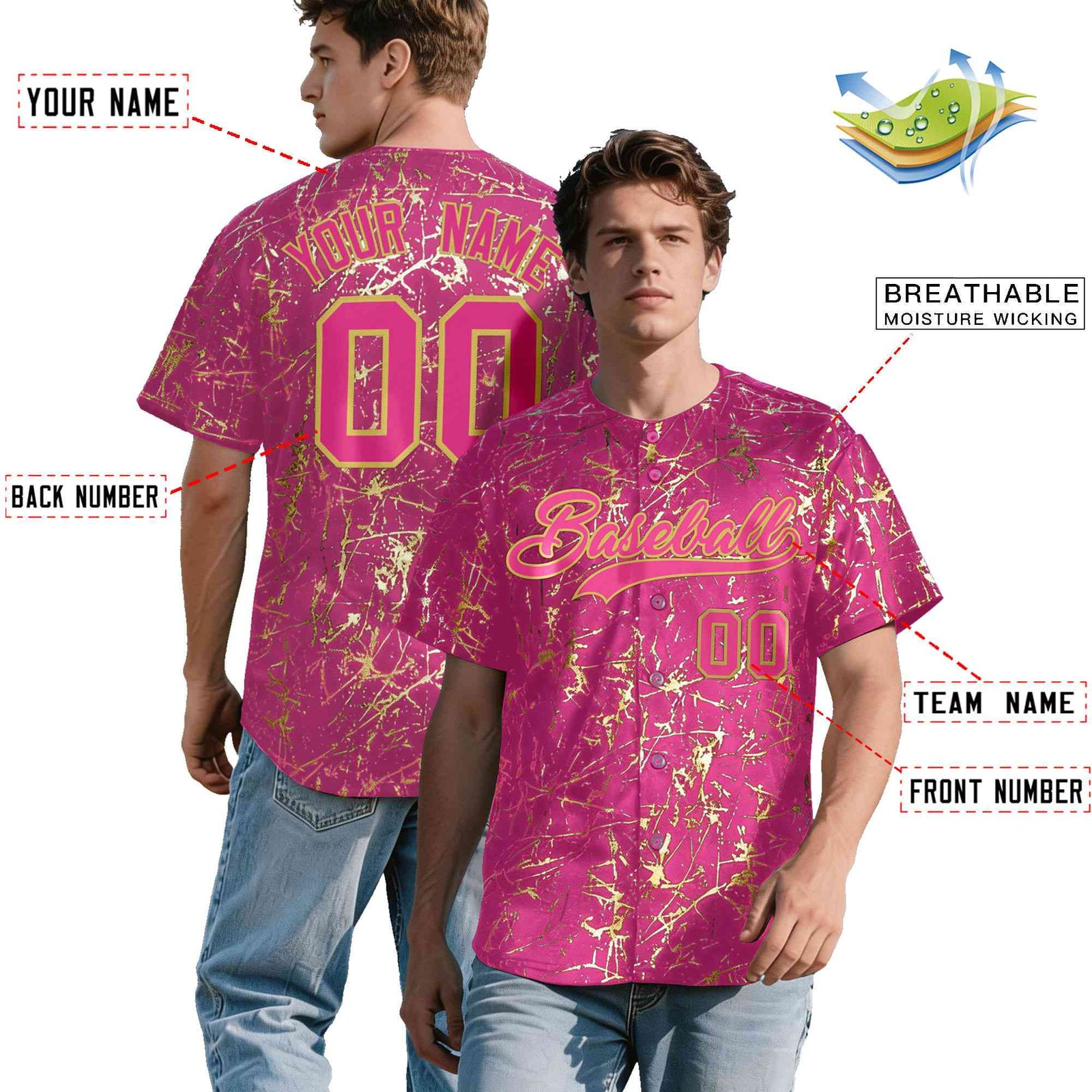 Custom Pink Old Gold Shiny Gold Cracked Texture Baseball Jersey