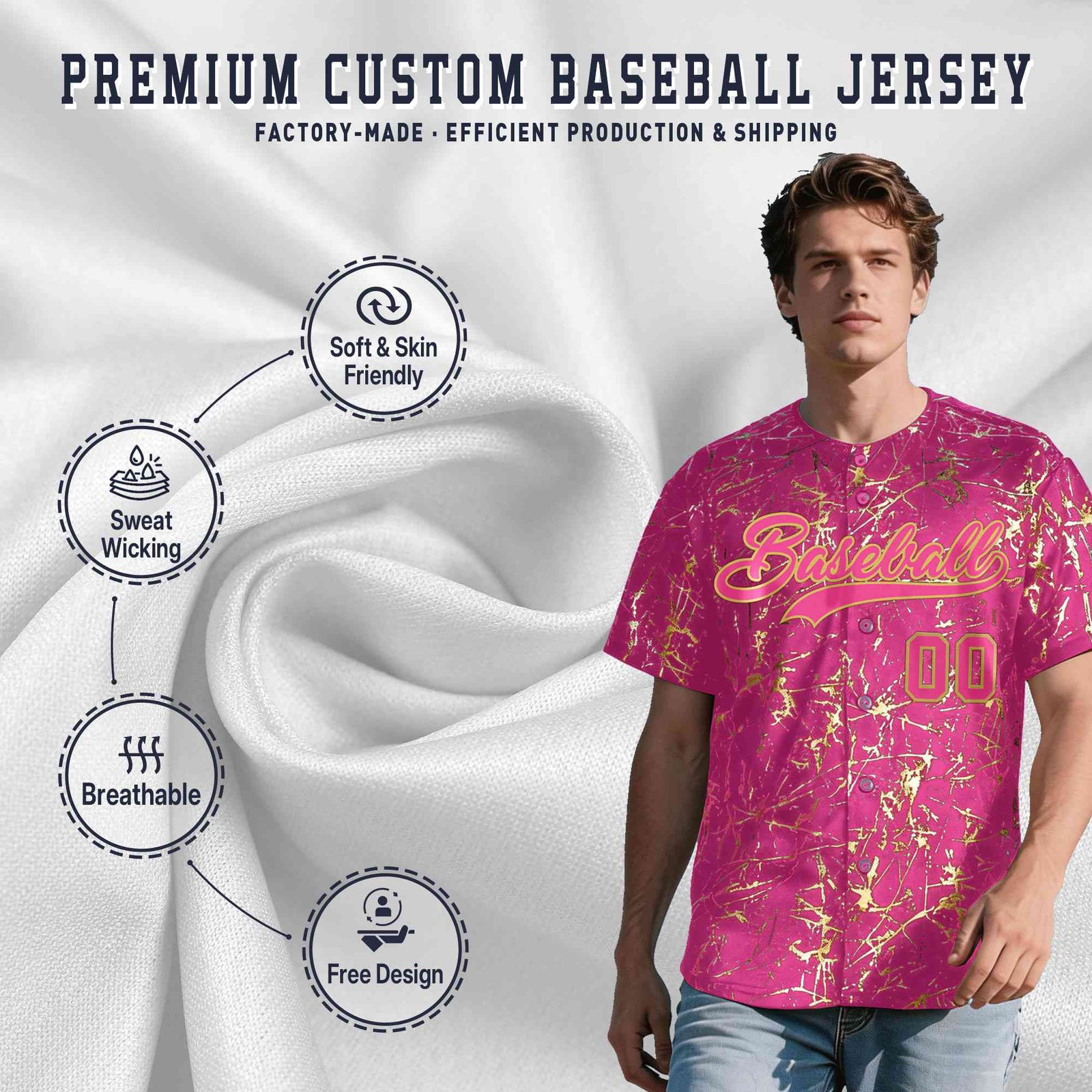 Custom Pink Old Gold Shiny Gold Cracked Texture Baseball Jersey