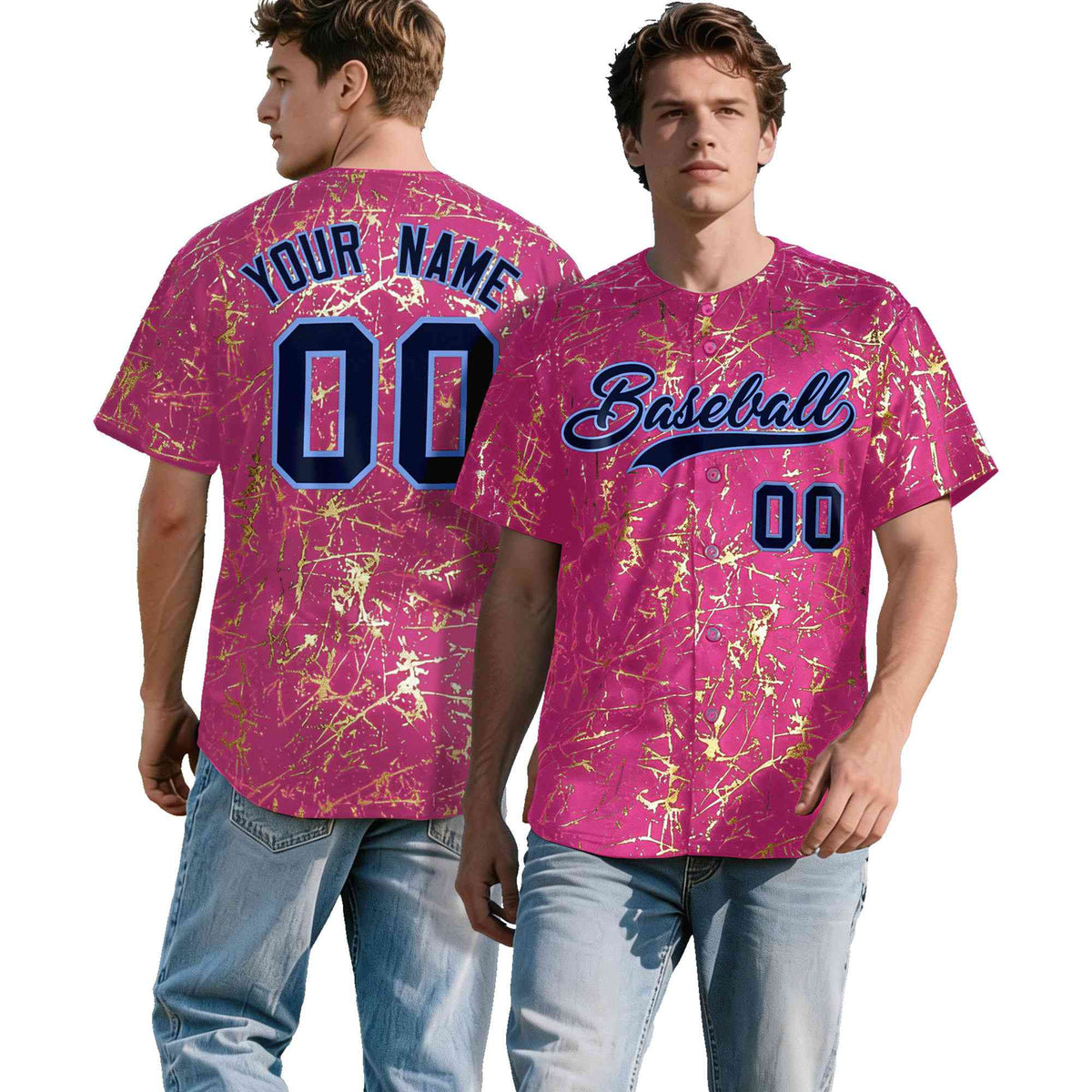 Custom Pink Navy Metallic Gold Splatter Breathable&amp;Wrinkle-Resistant Baseball Jersey