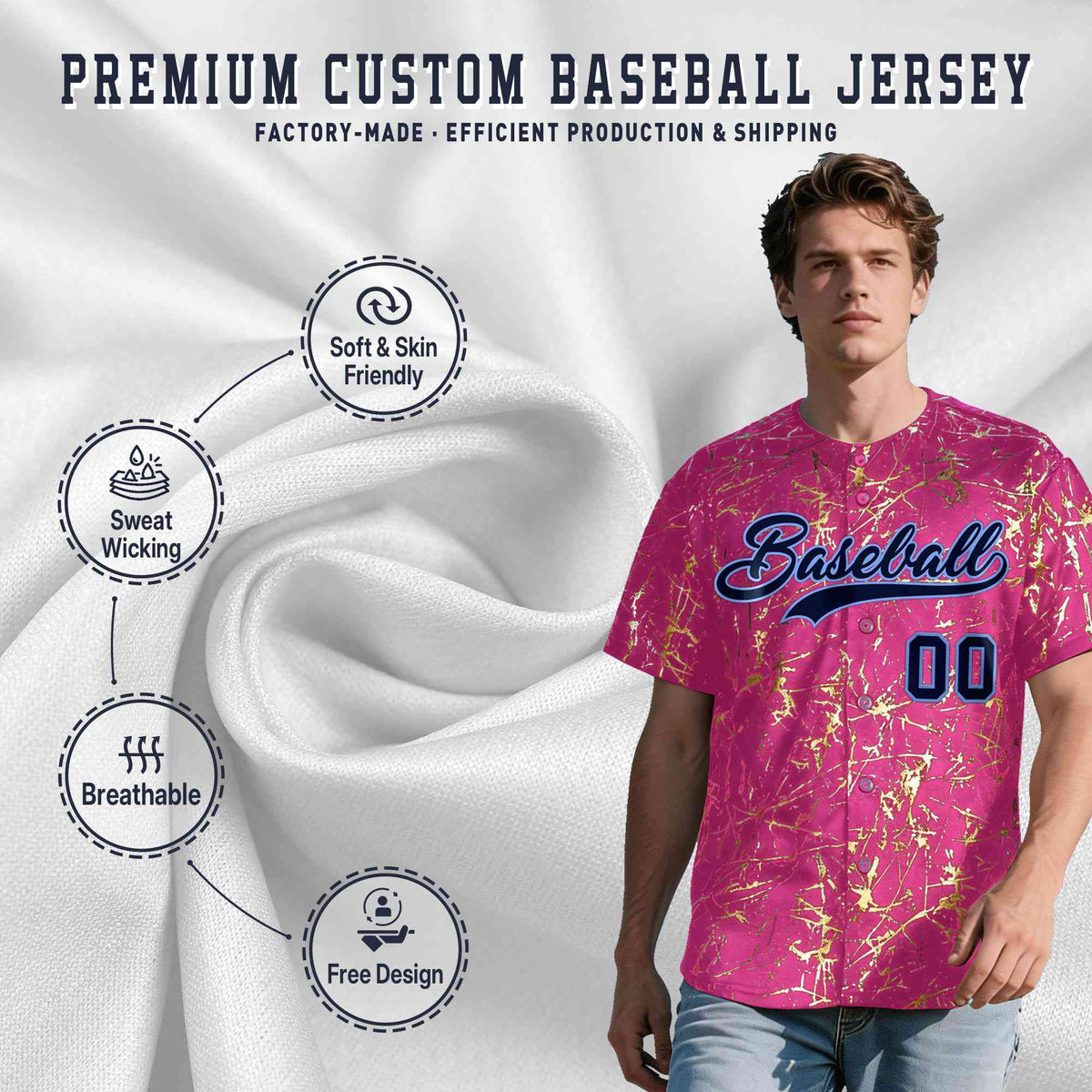 Custom Pink Navy Metallic Gold Splatter Breathable&amp;Wrinkle-Resistant Baseball Jersey