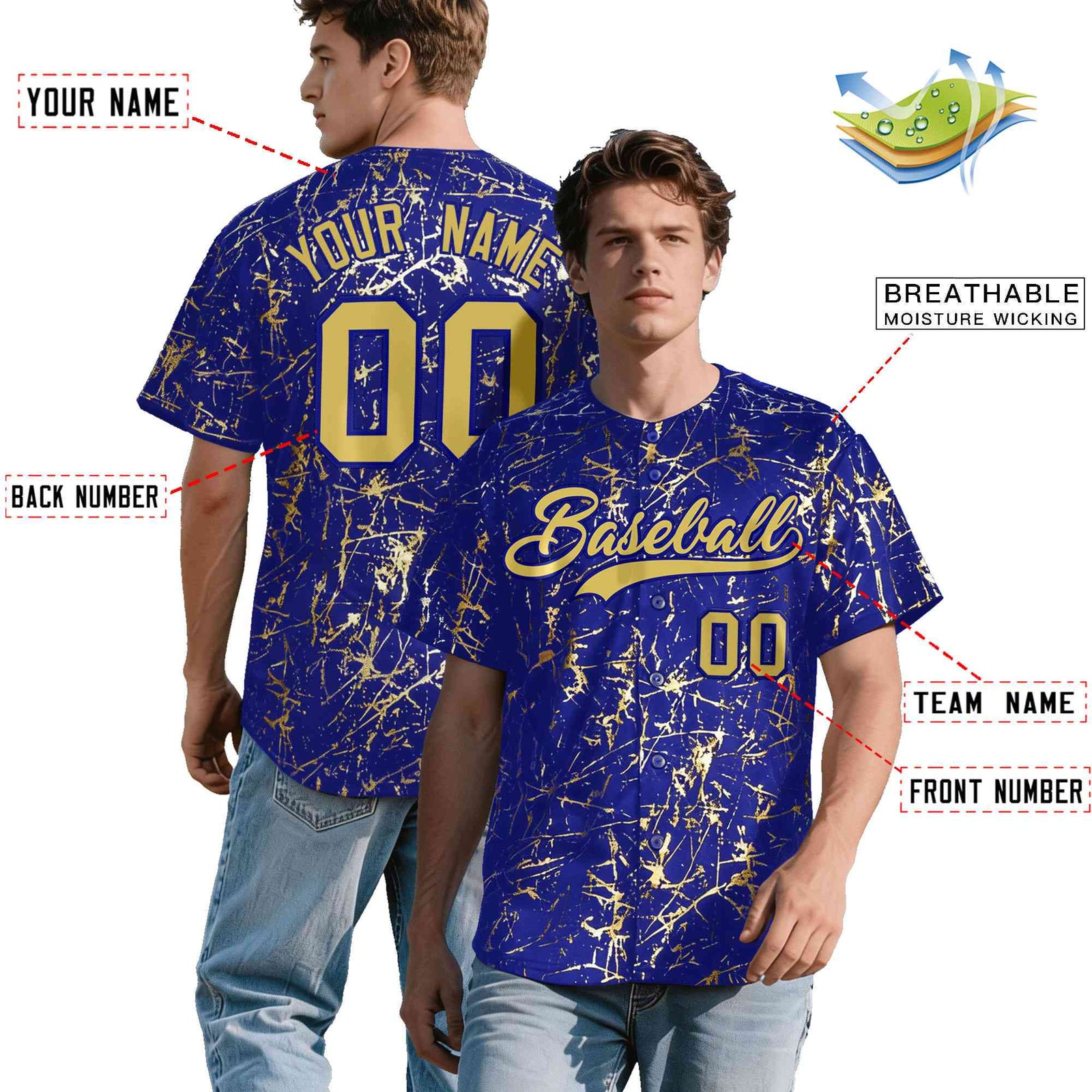 Custom Royal Old Gold Black&Shiny Gold Cracked Foil Hip Hop Button Down Baseball Jersey