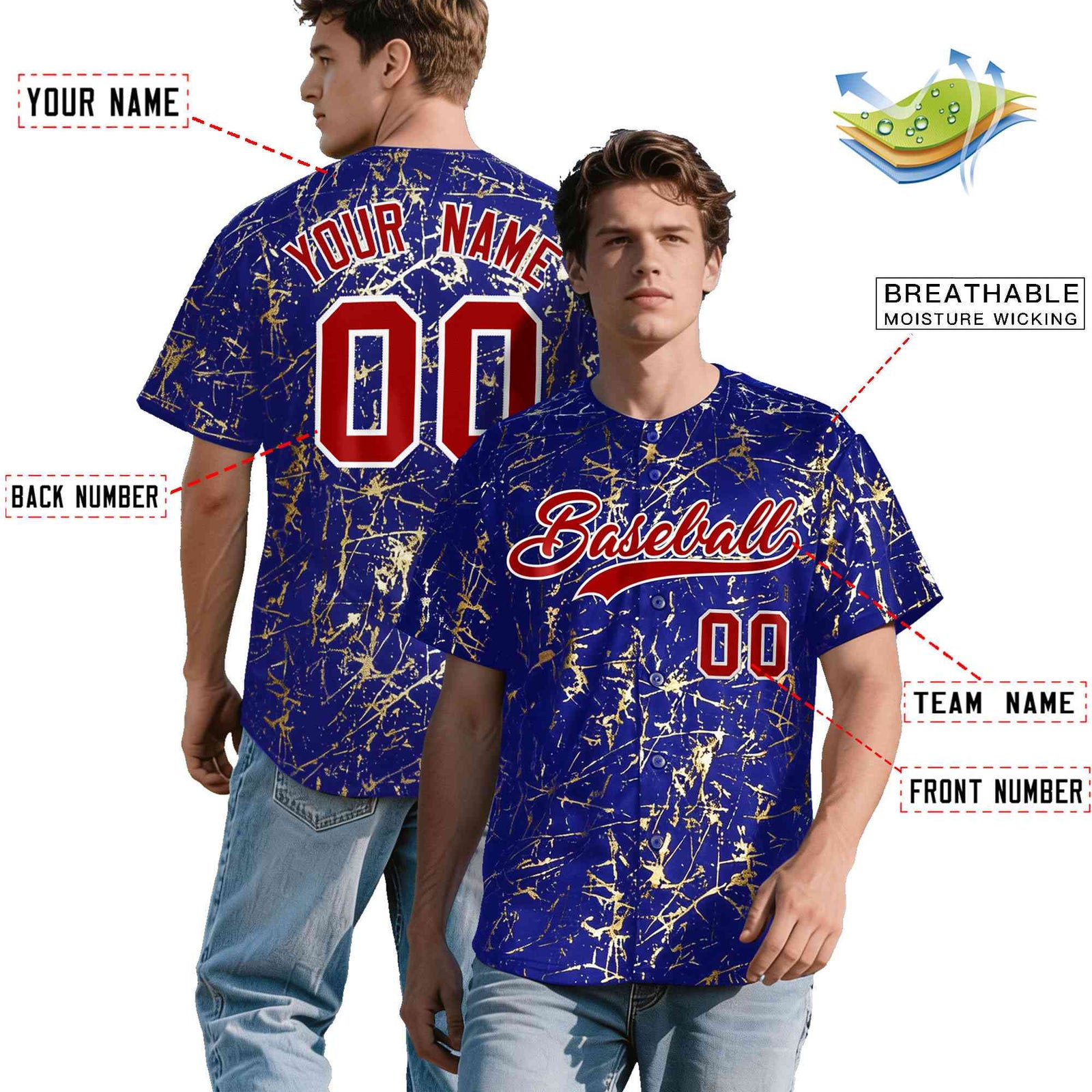 Custom Royal Red Metallic Gold Splatter Breathable&Wrinkle-Resistant Baseball Jersey
