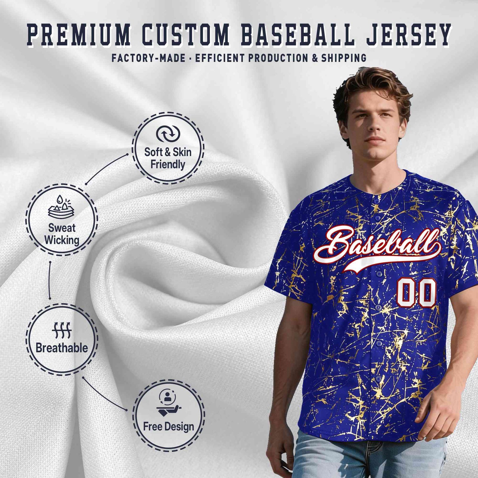 Custom Royal White Black&Gold Marble Print Clubwear Party Streetwear Baseball Jersey