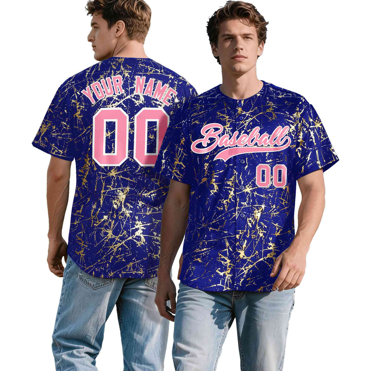 Custom Royal Light Pink Metallic Gold Splatter Urban Streetwear Baseball Jersey