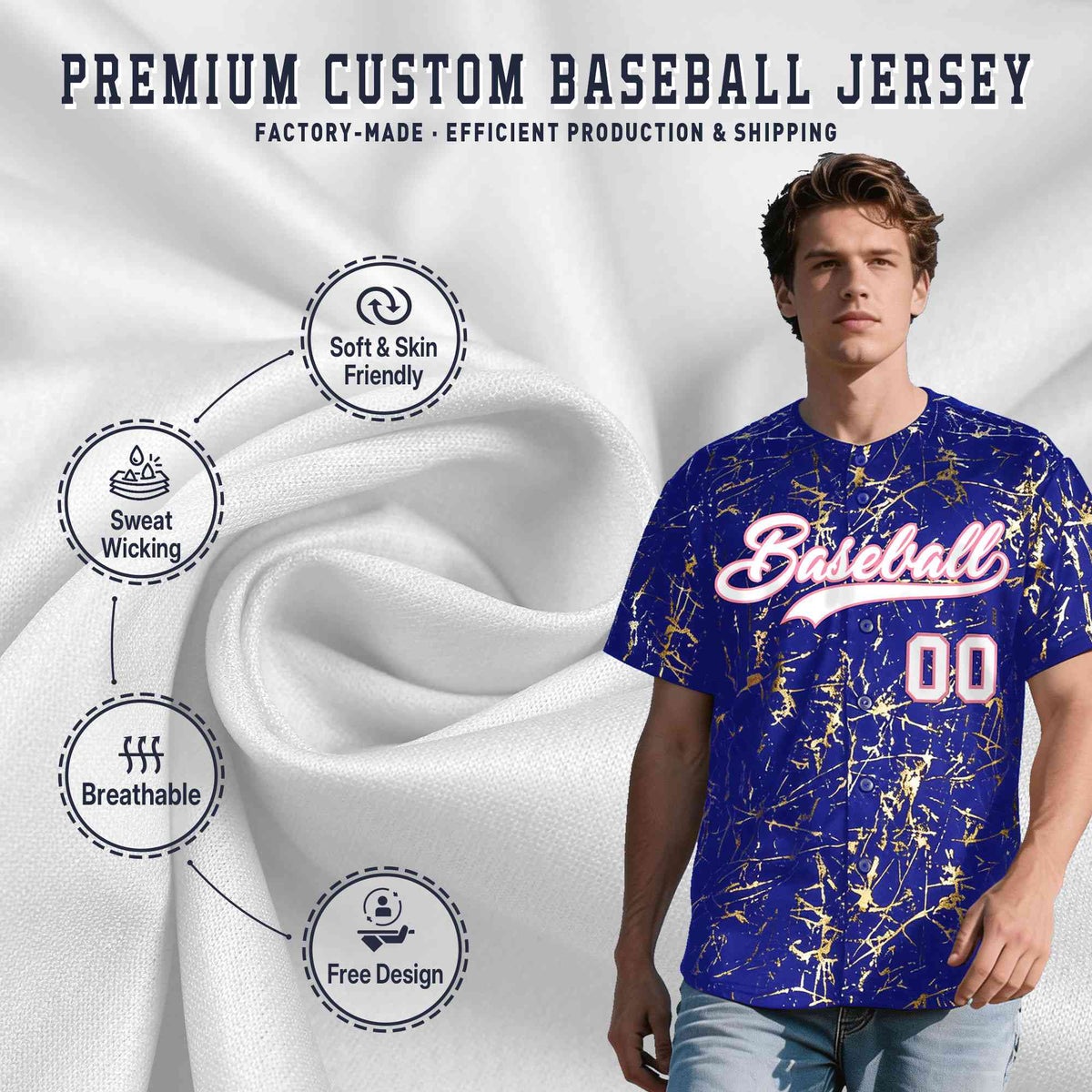 Custom Royal White Black&amp;Shiny Gold Cracked Foil Breathable Mesh Streetwear Baseball Jersey