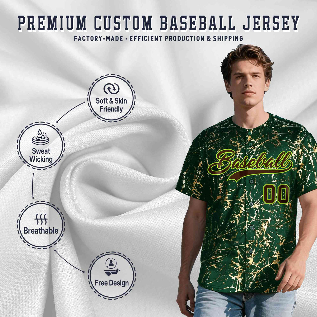 Custom Green Brown Metallic Gold Splatter Breathable&amp;Wrinkle-Resistant Baseball Jersey