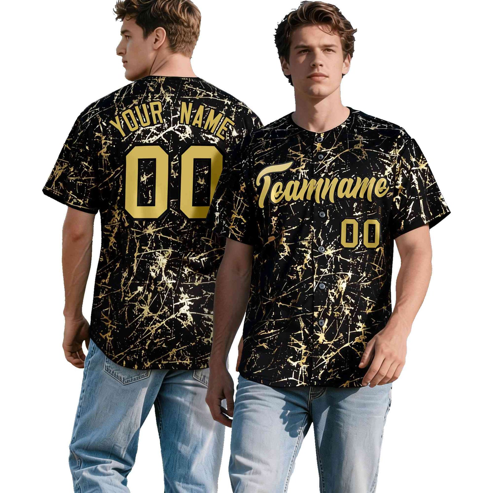 Custom Black Old Gold Shiny Gold Cracked Texture Baseball Jersey