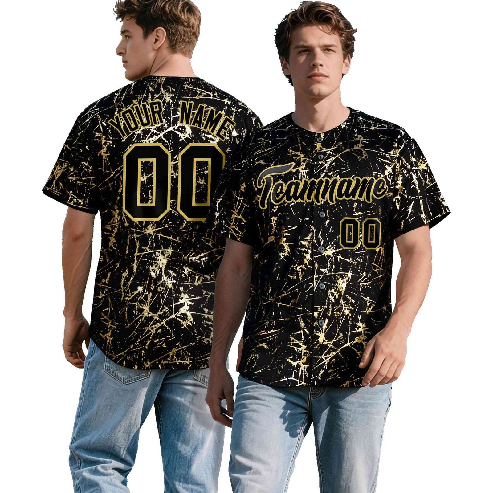 Custom Black Old Gold Black&Shiny Gold Cracked Foil Hip Hop Button Down Baseball Jersey
