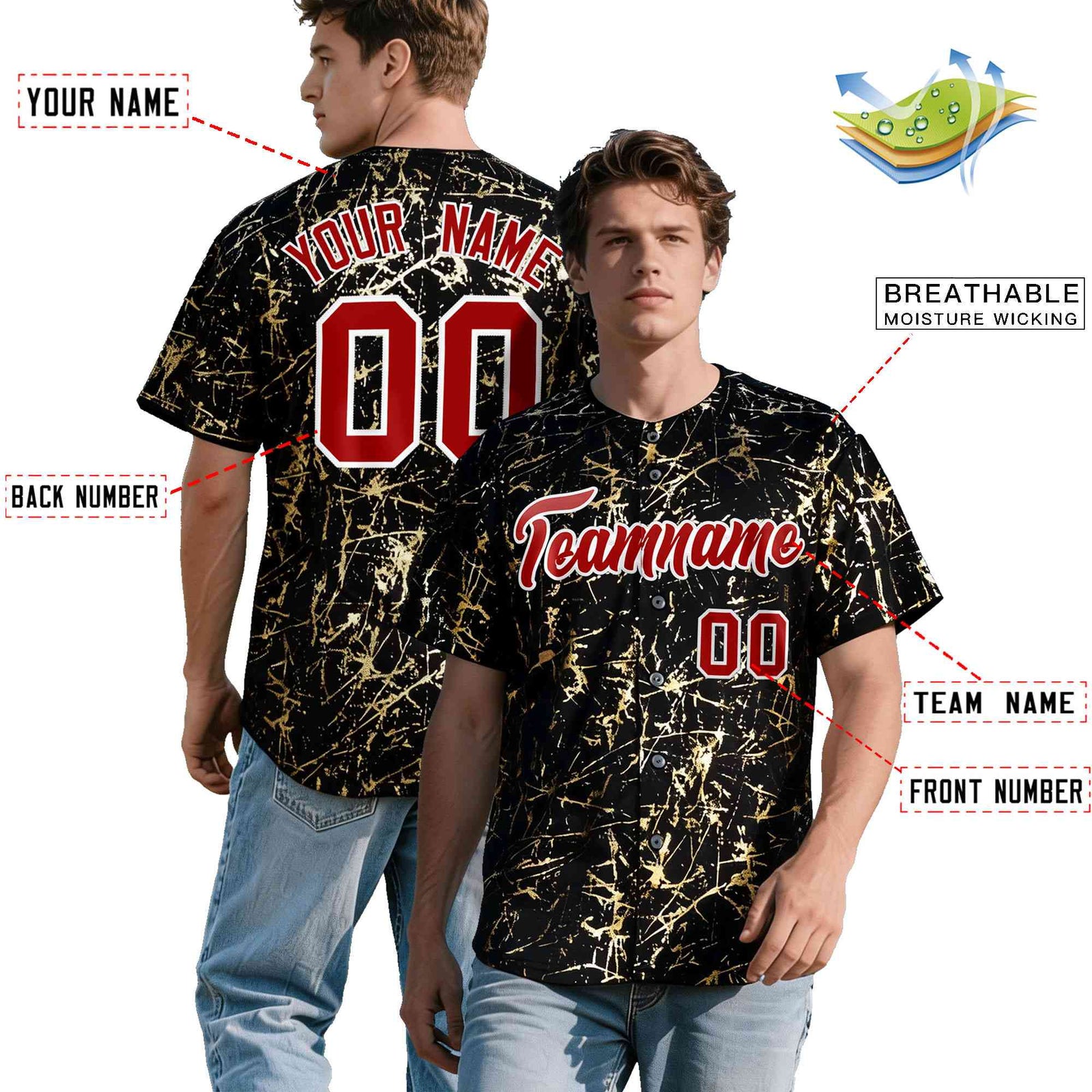 Custom Black Red Metallic Gold Splatter Breathable&Wrinkle-Resistant Baseball Jersey