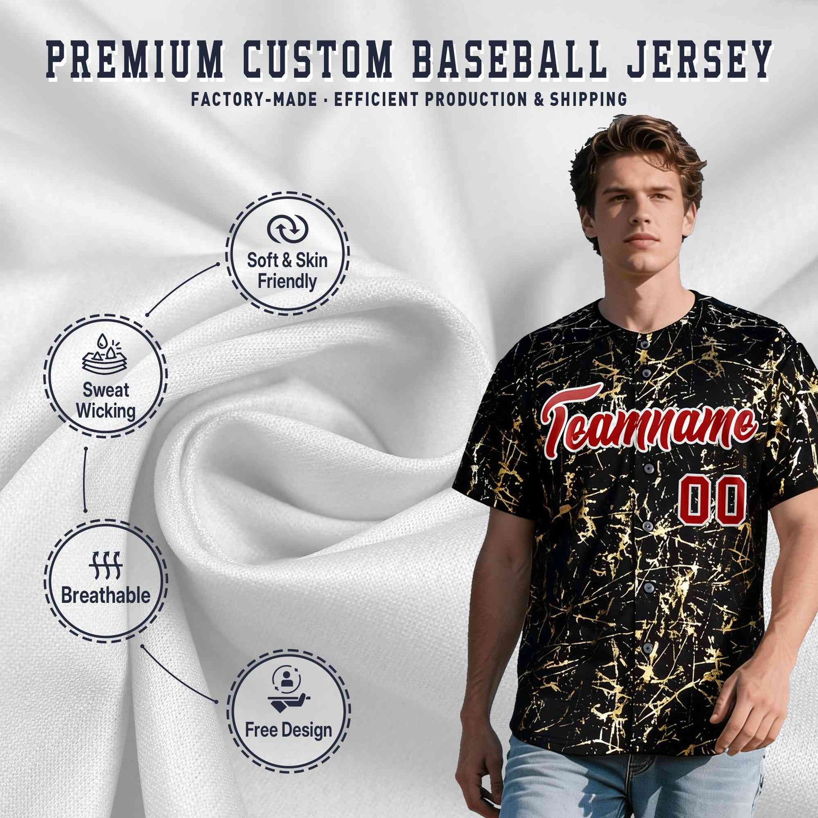 Custom Black Red Metallic Gold Splatter Breathable&Wrinkle-Resistant Baseball Jersey