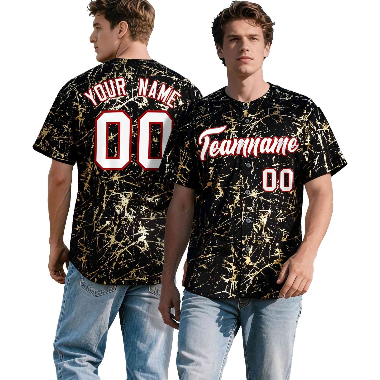 Custom Black White Black&Gold Marble Print Clubwear Party Streetwear Baseball Jersey