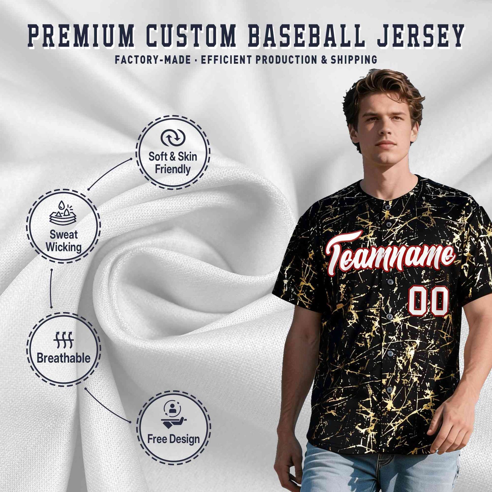 Custom Black White Black&Gold Marble Print Clubwear Party Streetwear Baseball Jersey