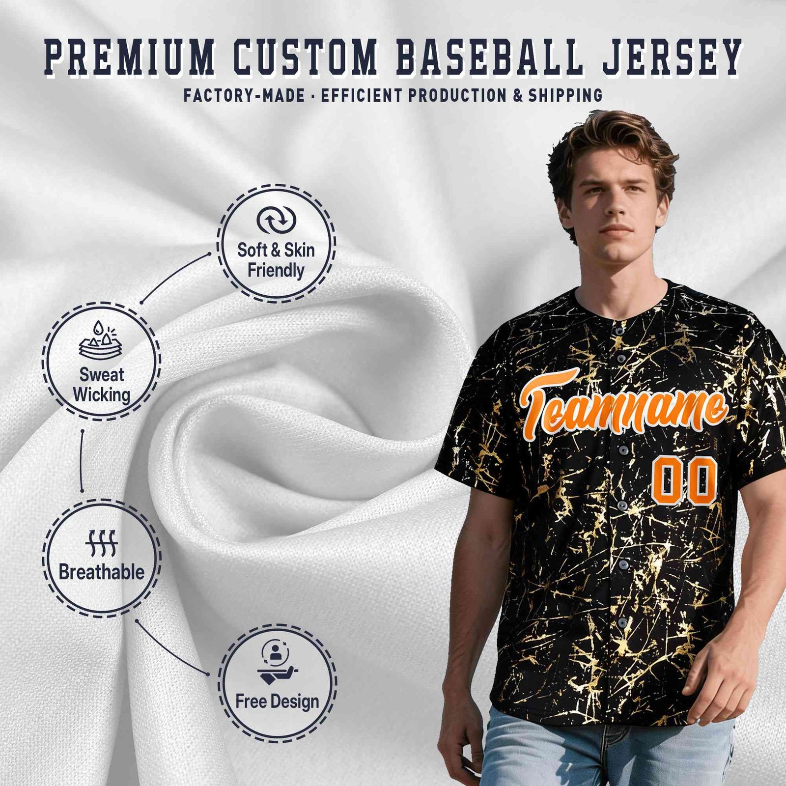Custom Black Orange Metallic Gold Splatter Urban Streetwear Baseball Jersey
