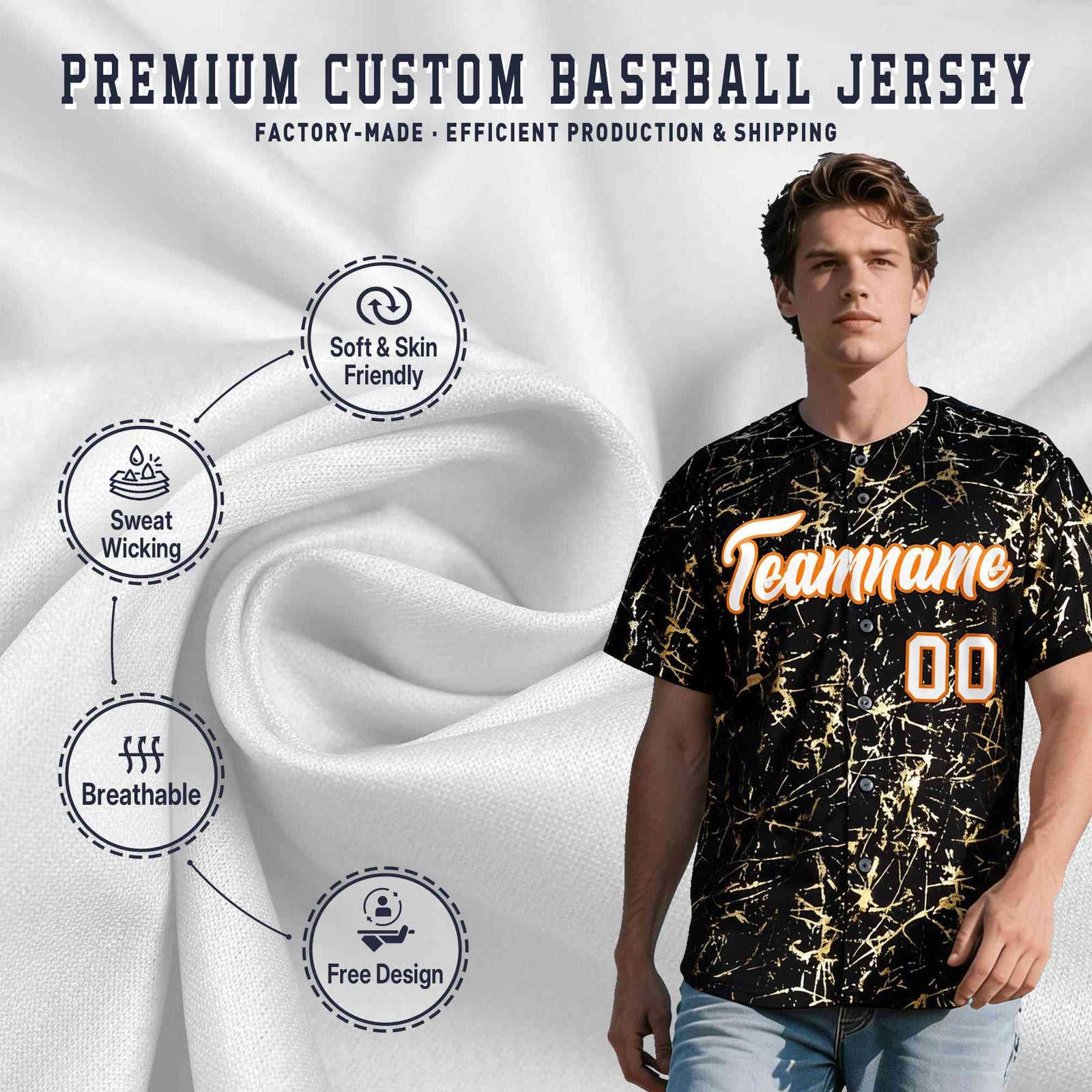 Custom Black White Black&Shiny Gold Cracked Foil Breathable Mesh Streetwear Baseball Jersey