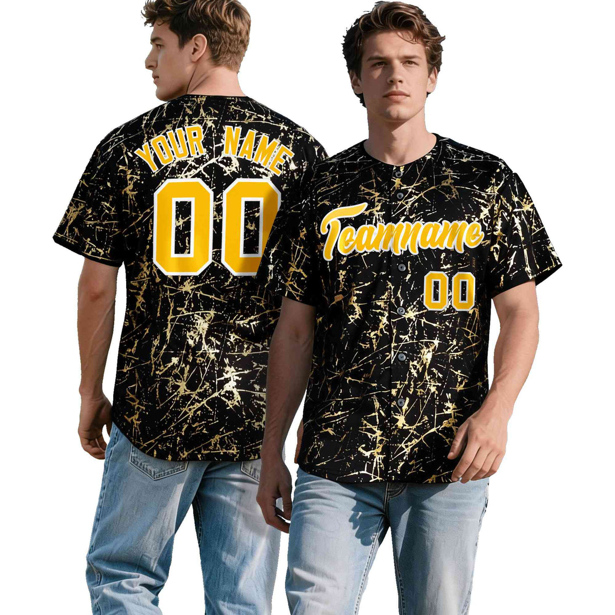 Custom Black Yellow Shiny Gold Cracked Texture Baseball Jersey