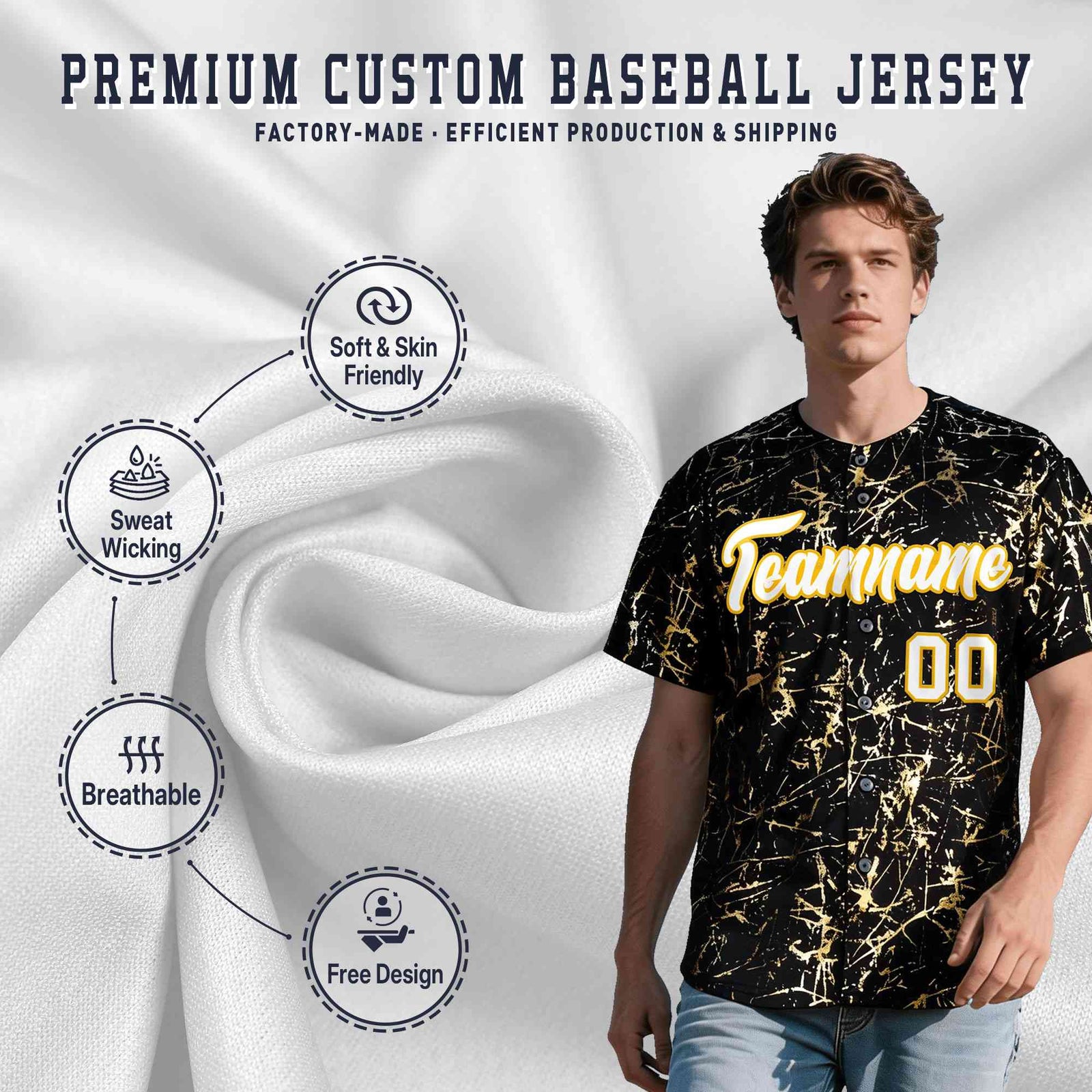 Custom Black White Black&Shiny Gold Cracked Foil Hip Hop Button Down Baseball Jersey