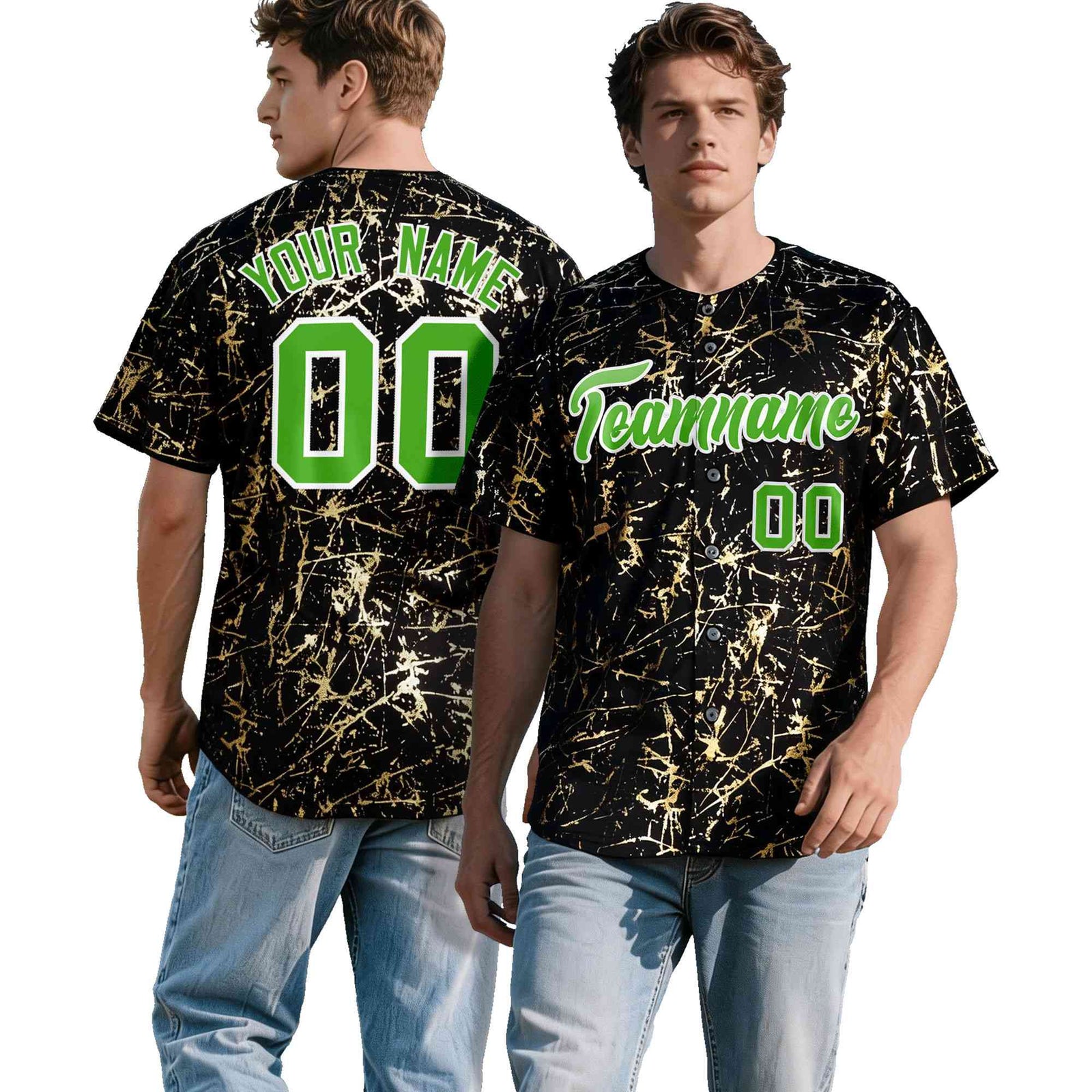 Custom Black Light Green Metallic Gold Splatter Breathable&Wrinkle-Resistant Baseball Jersey