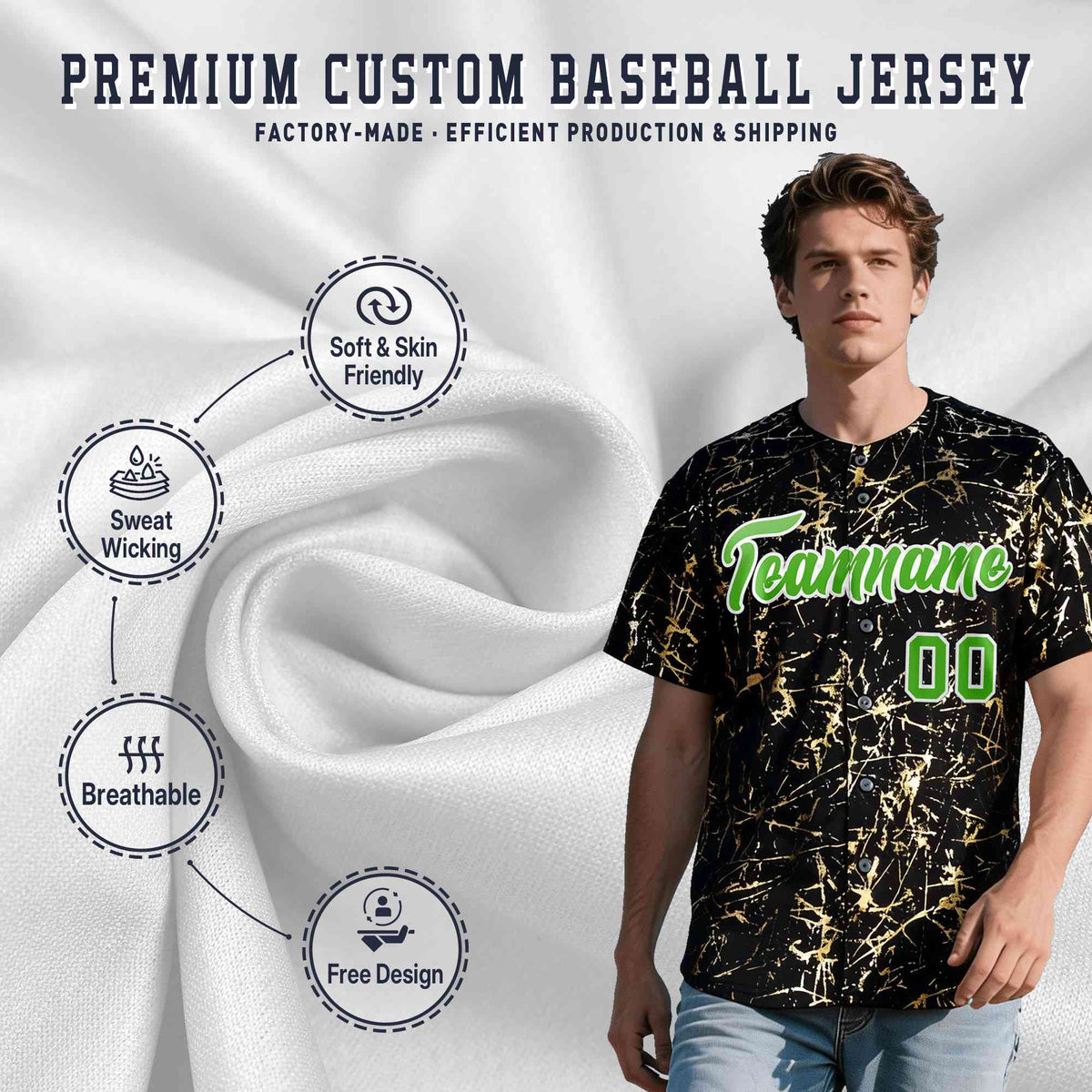 Custom Black Light Green Metallic Gold Splatter Breathable&amp;Wrinkle-Resistant Baseball Jersey