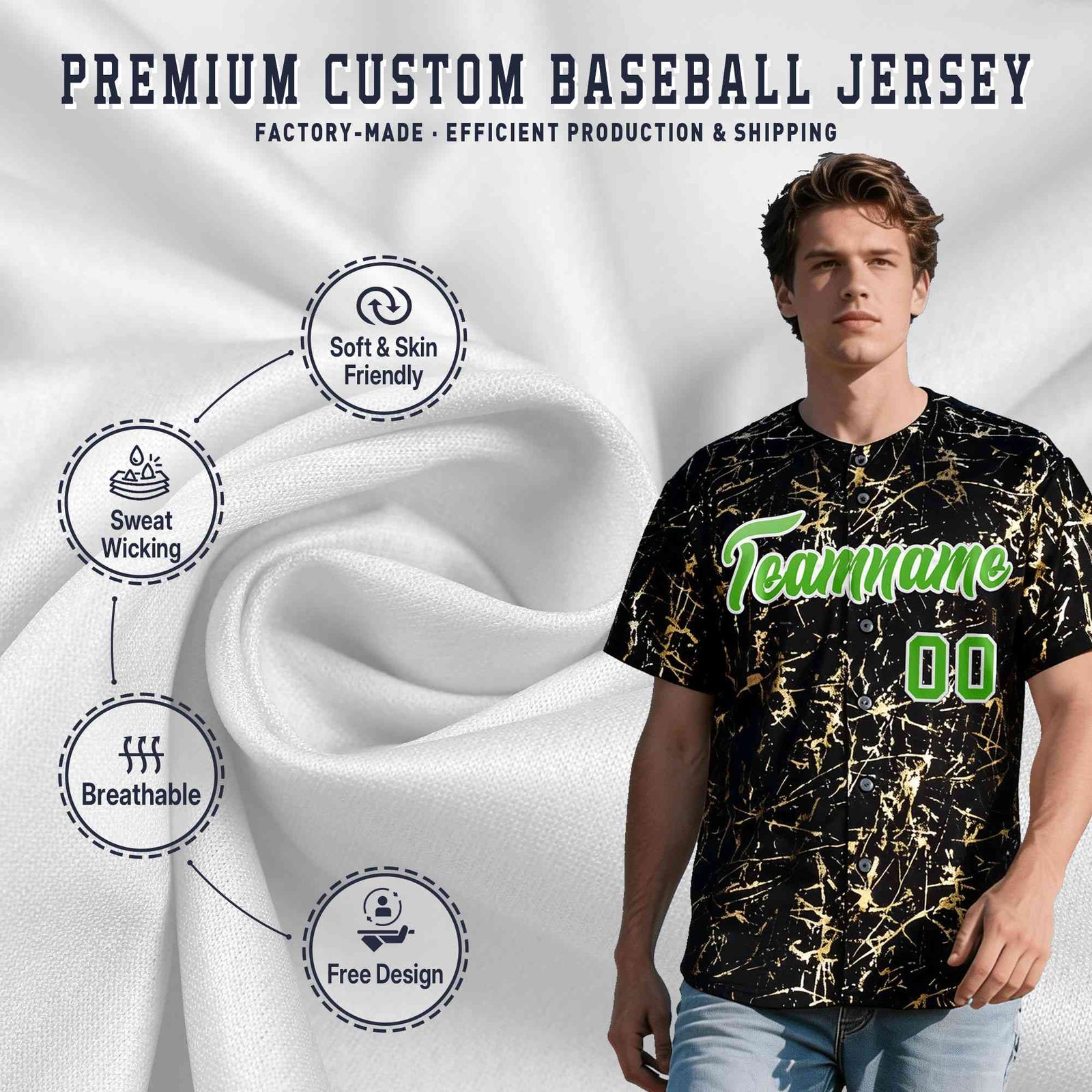 Custom Black Light Green Metallic Gold Splatter Breathable&Wrinkle-Resistant Baseball Jersey