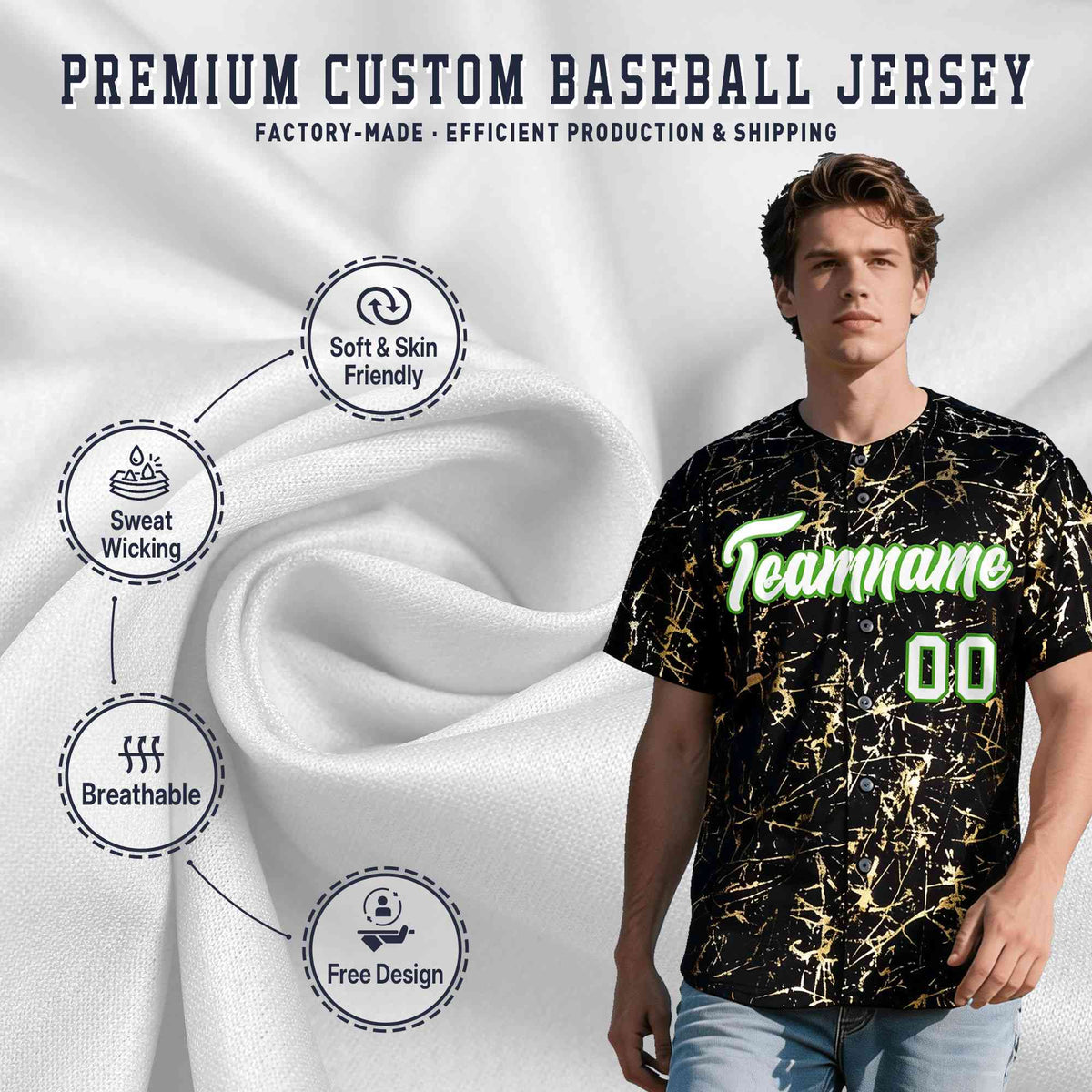 Custom Black White Black&amp;Gold Marble Print Clubwear Party Streetwear Baseball Jersey