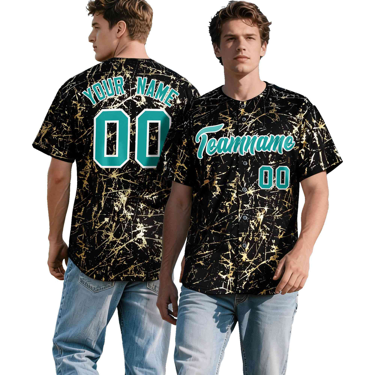 Custom Black Aqua Metallic Gold Splatter Urban Streetwear Baseball Jersey