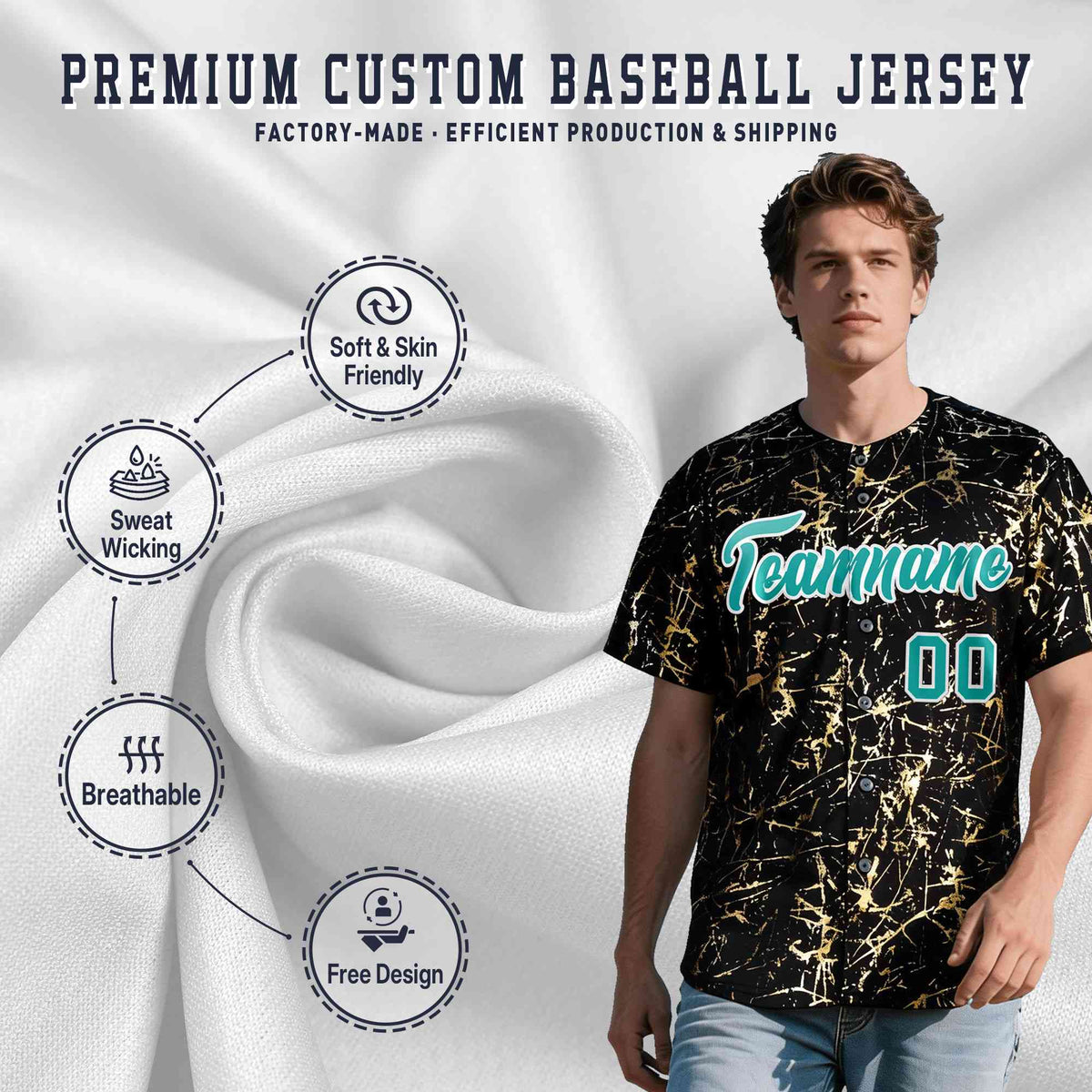 Custom Black Aqua Metallic Gold Splatter Urban Streetwear Baseball Jersey