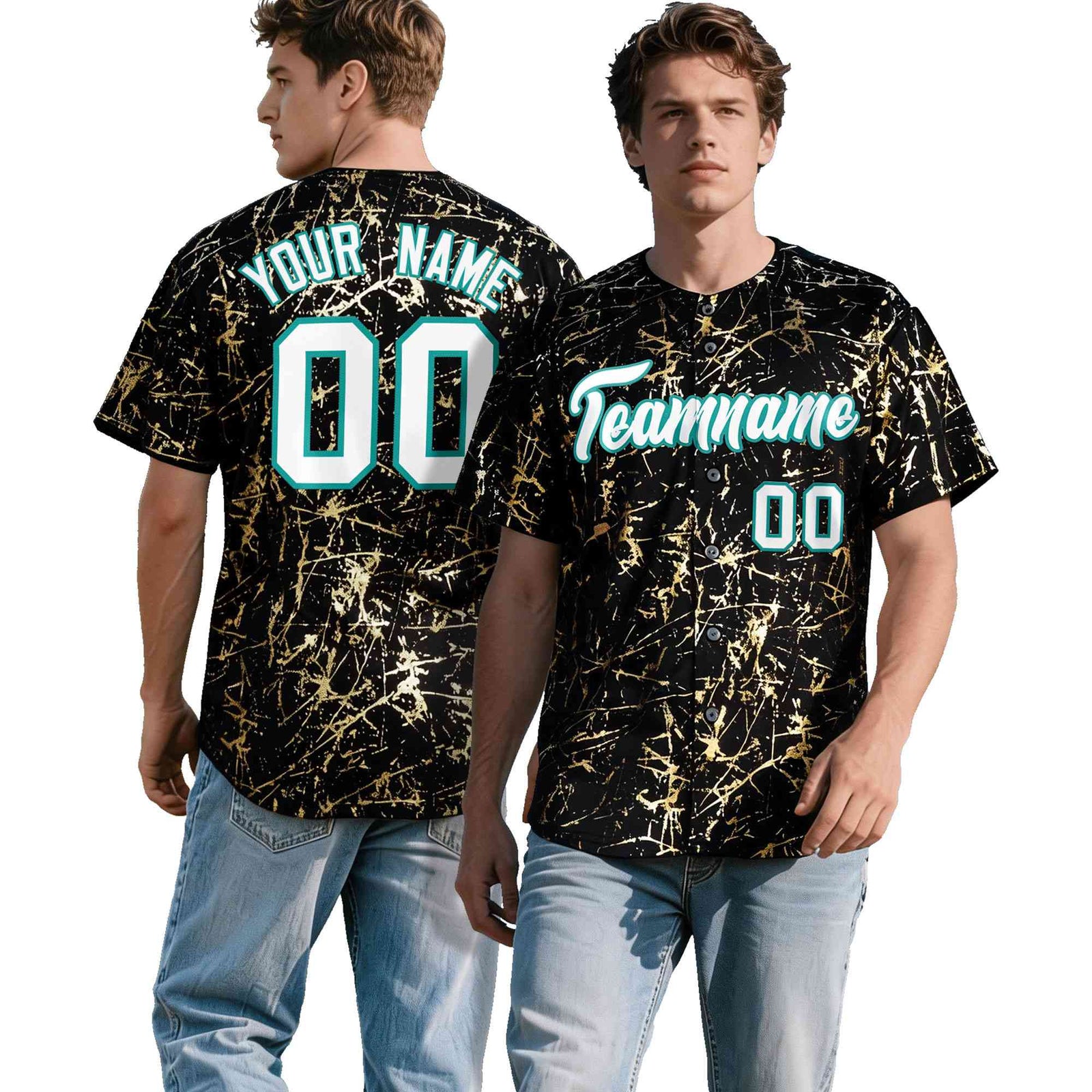 Custom Black White Black&Shiny Gold Cracked Foil Breathable Mesh Streetwear Baseball Jersey