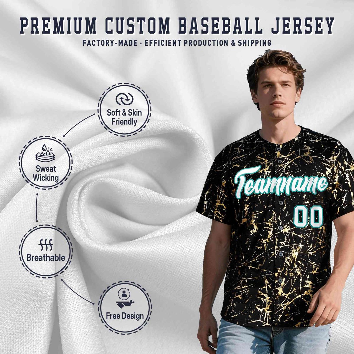 Custom Black White Black&amp;Shiny Gold Cracked Foil Breathable Mesh Streetwear Baseball Jersey