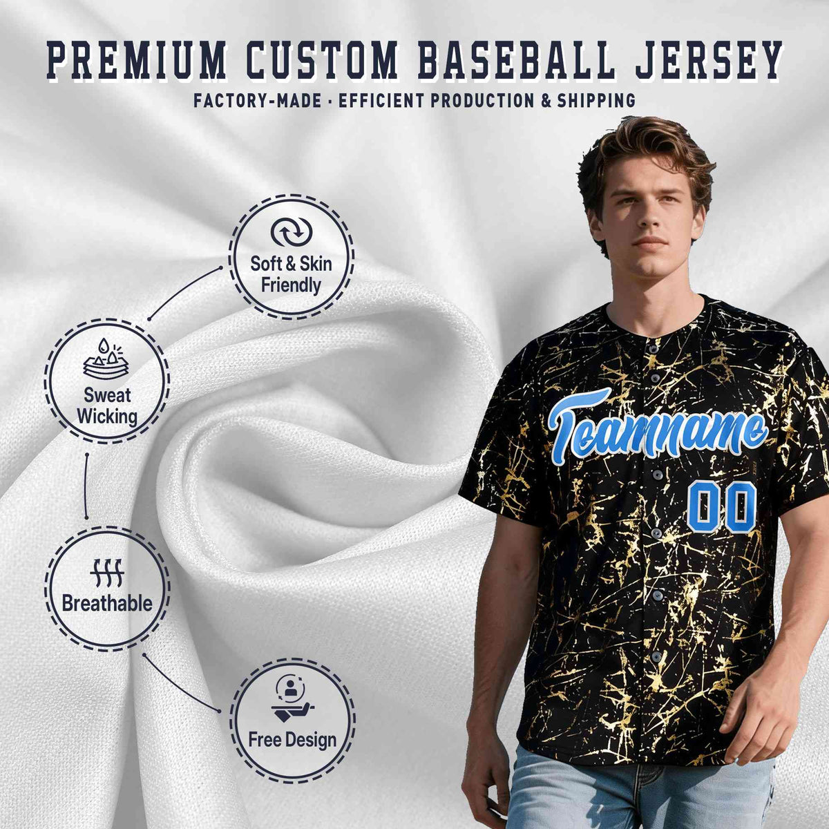 Custom Black Light Blue Shiny Gold Cracked Texture Baseball Jersey