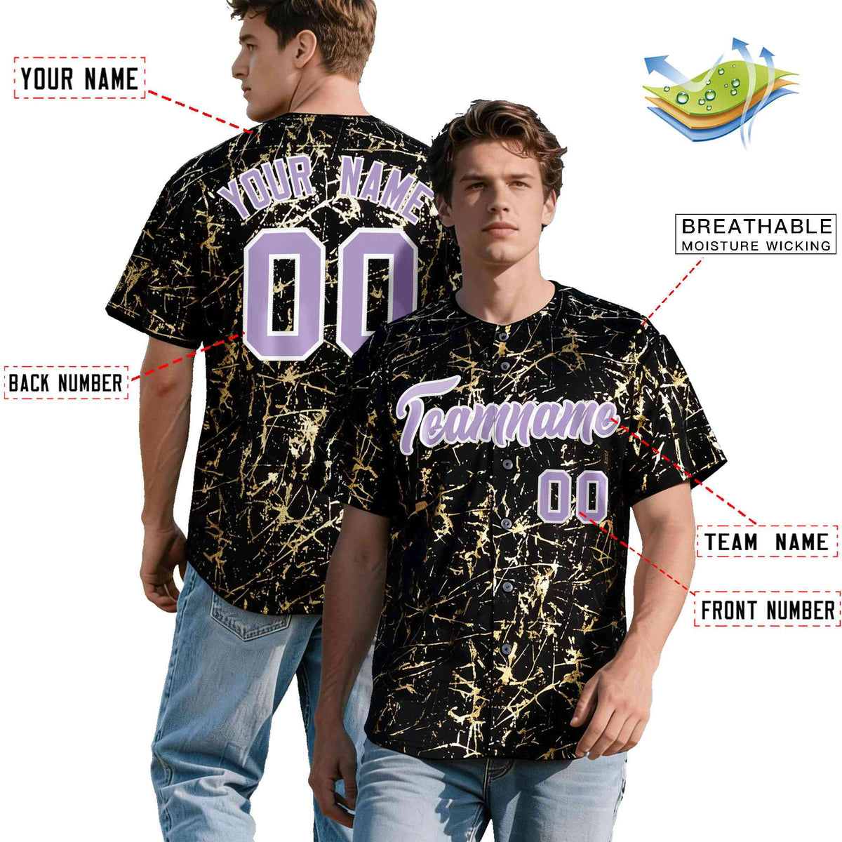Custom Black Light Purple Metallic Gold Splatter Breathable&amp;Wrinkle-Resistant Baseball Jersey