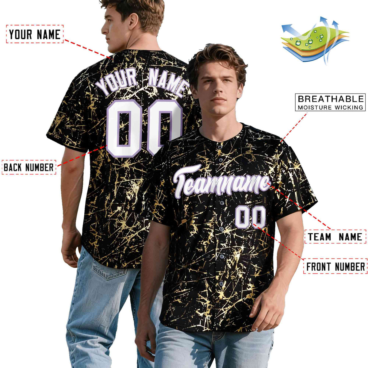 Custom Black White Black&amp;Gold Marble Print Clubwear Party Streetwear Baseball Jersey