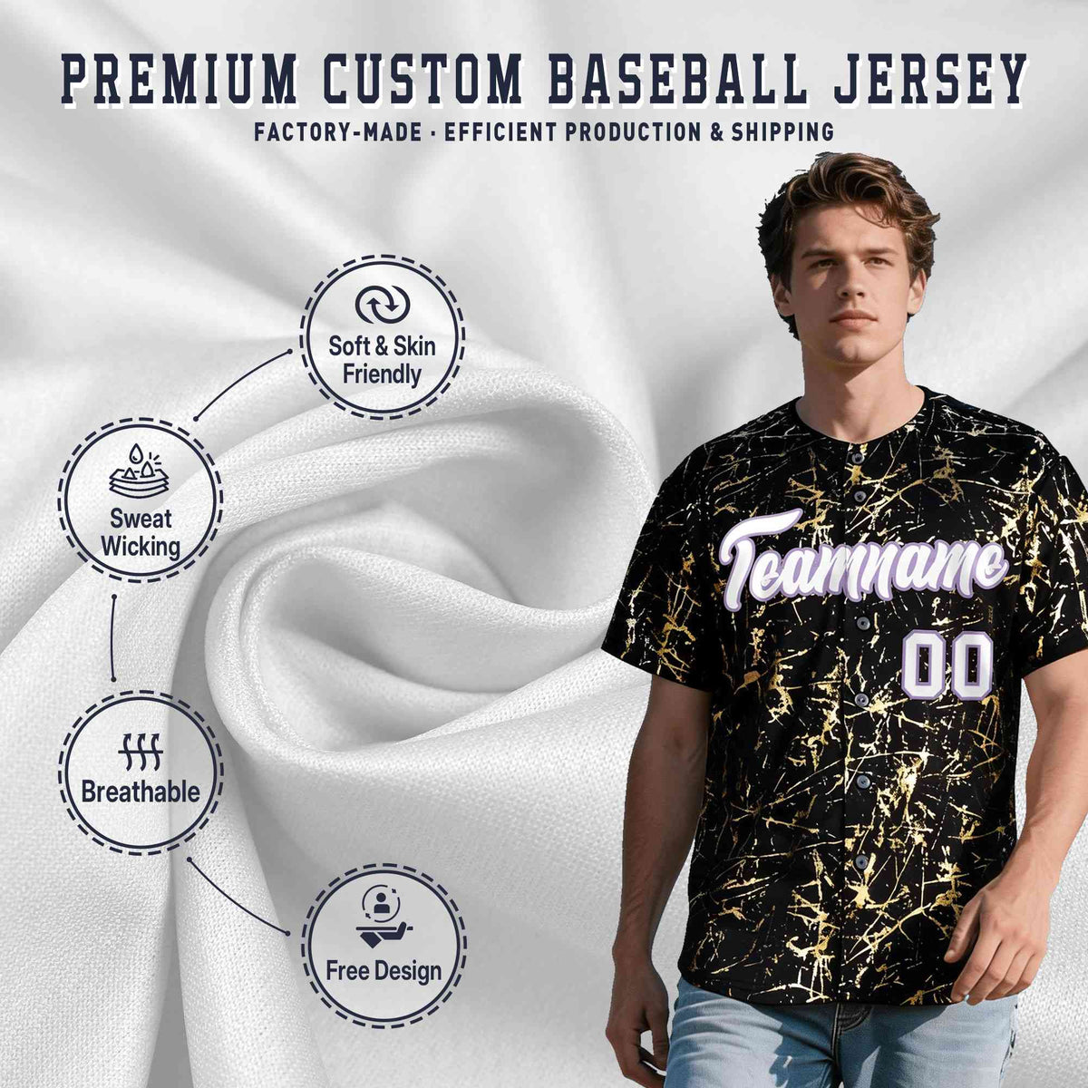 Custom Black White Black&amp;Gold Marble Print Clubwear Party Streetwear Baseball Jersey