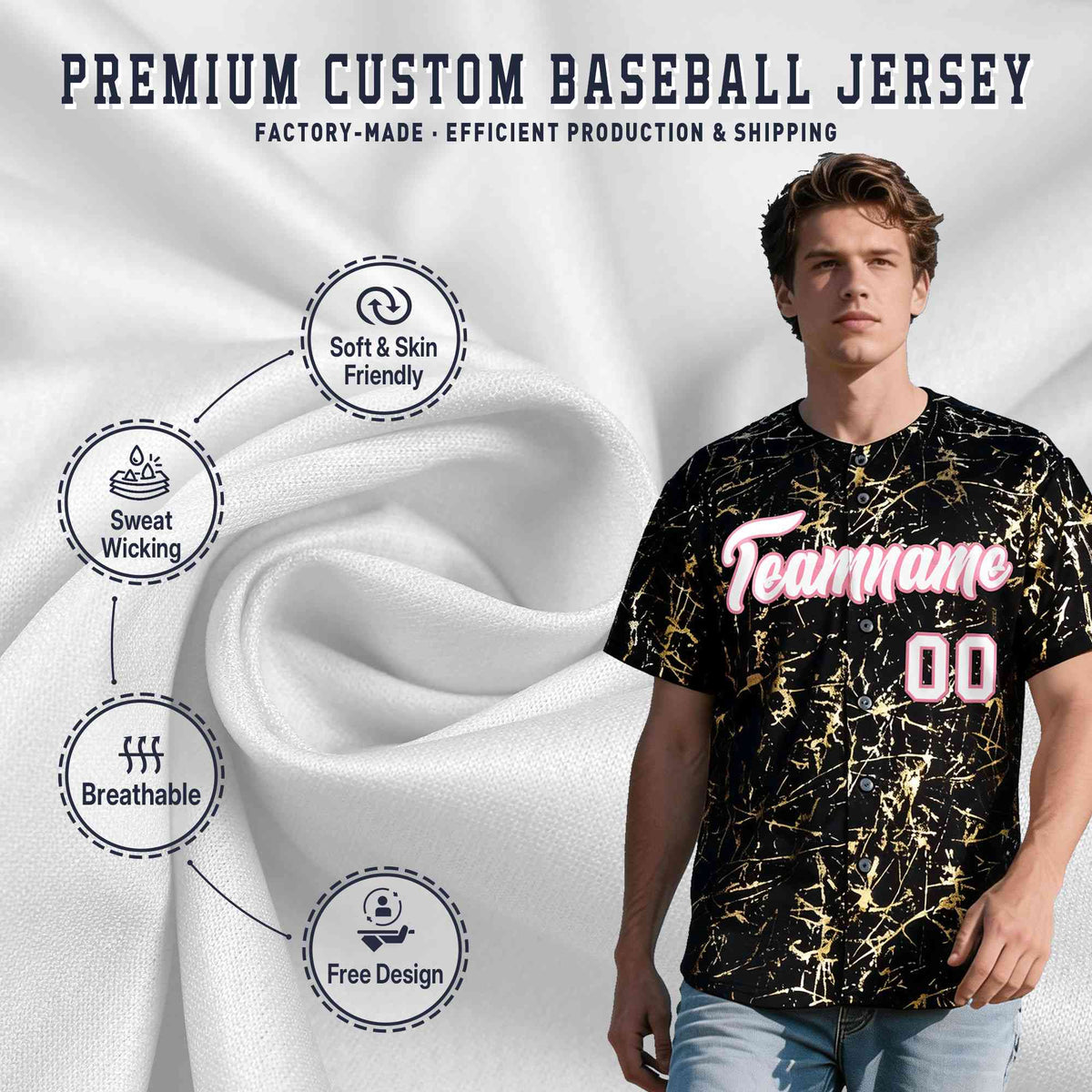 Custom Black White Black&amp;Shiny Gold Cracked Foil Breathable Mesh Streetwear Baseball Jersey