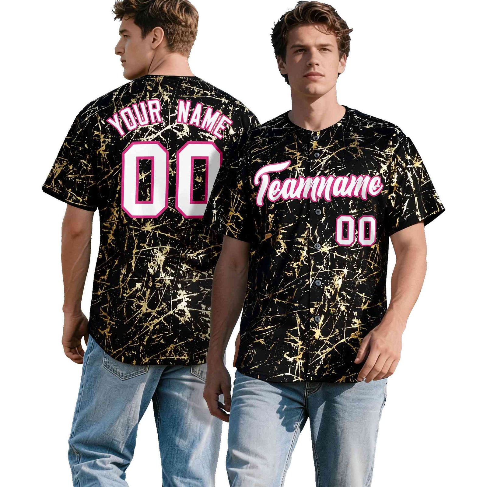 Custom Black White Black&Shiny Gold Cracked Foil Hip Hop Button Down Baseball Jersey