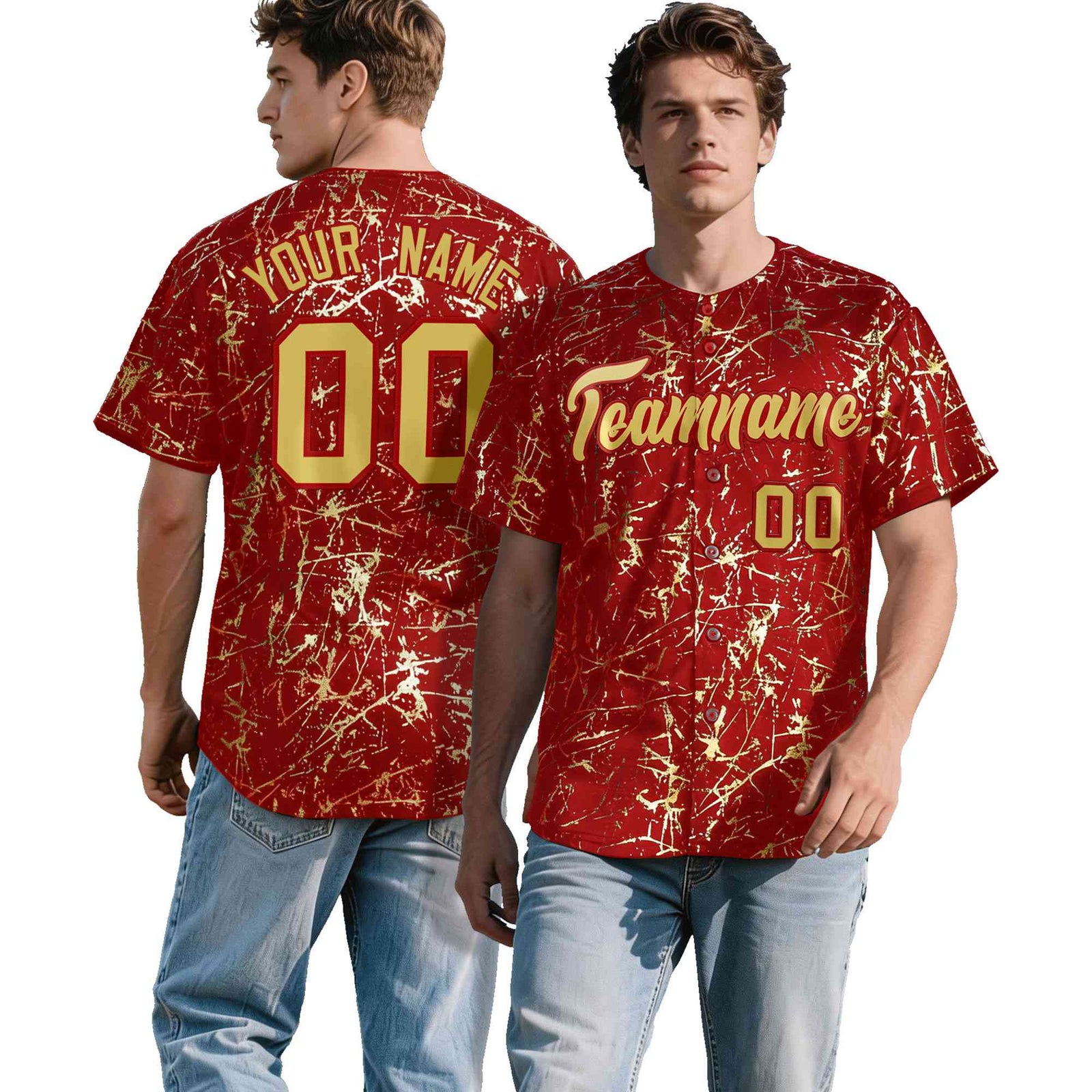Custom Red Old Gold Black&Gold Marble Print Clubwear Party Streetwear Baseball Jersey