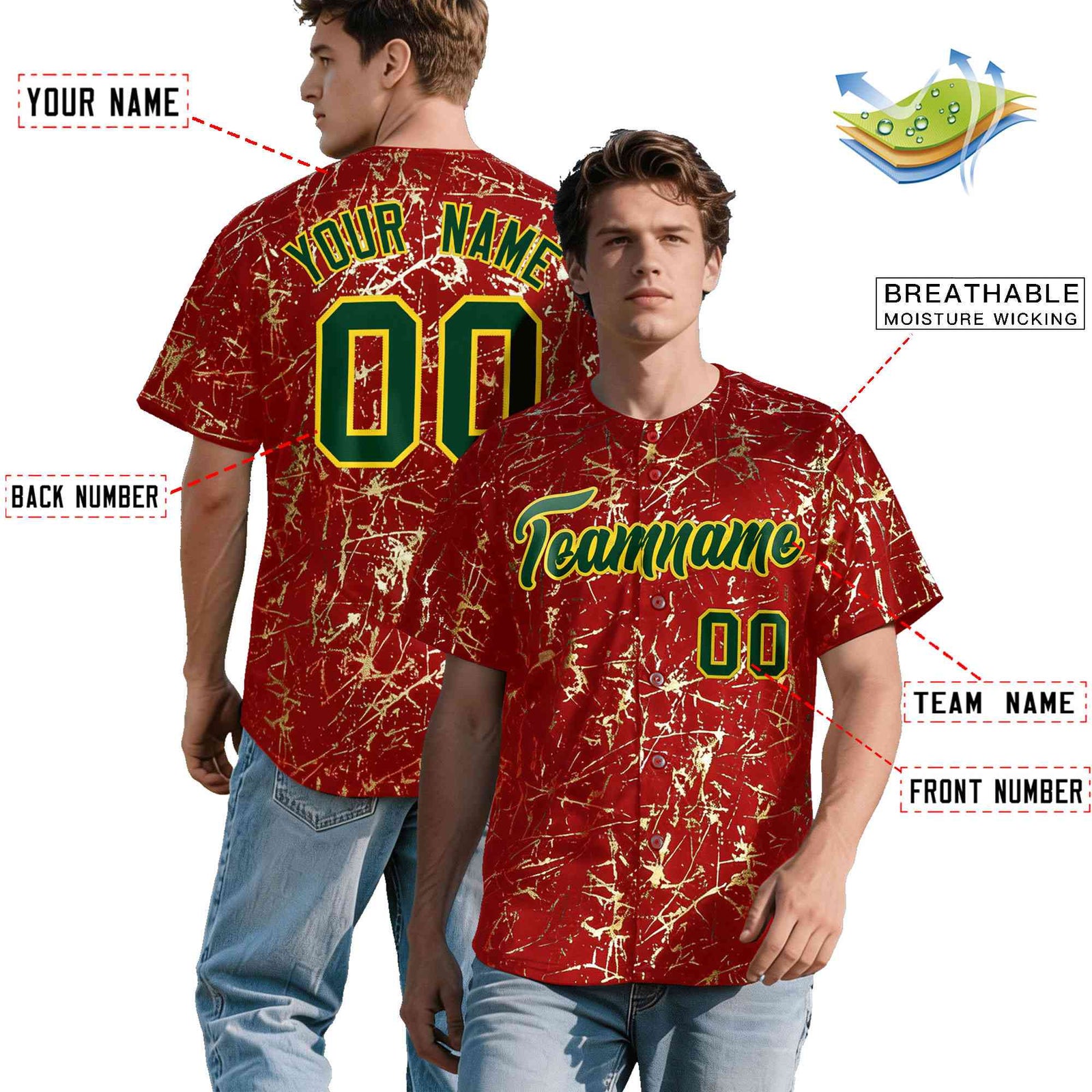 Custom Red Dark Green Metallic Gold Splatter Urban Streetwear Baseball Jersey