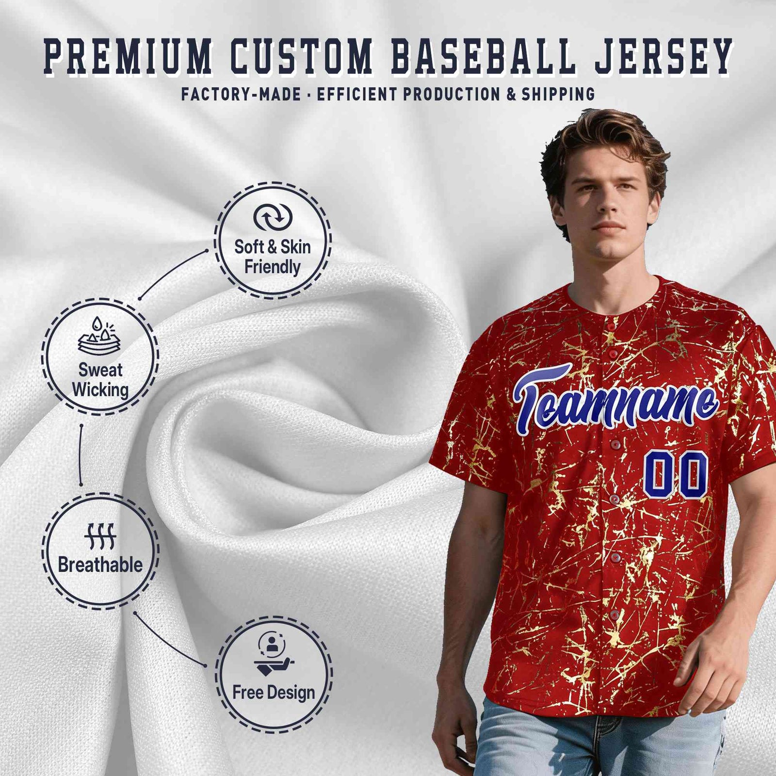 Custom Red Royal Shiny Gold Cracked Texture Baseball Jersey