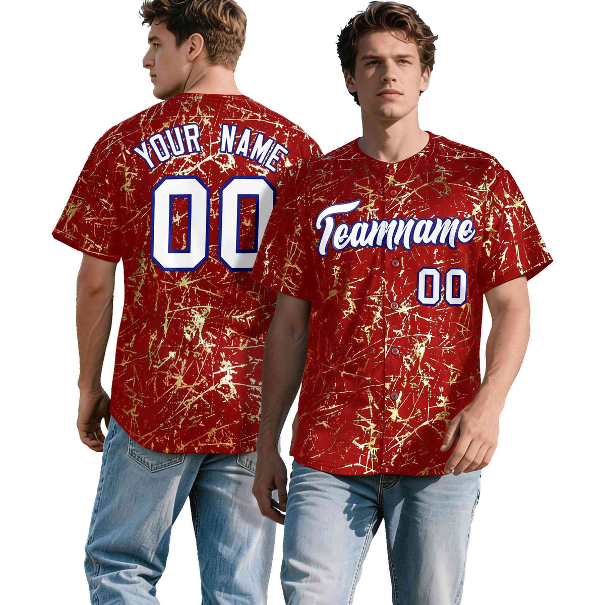 Custom Red White Black&amp;Shiny Gold Cracked Foil Hip Hop Button Down Baseball Jersey