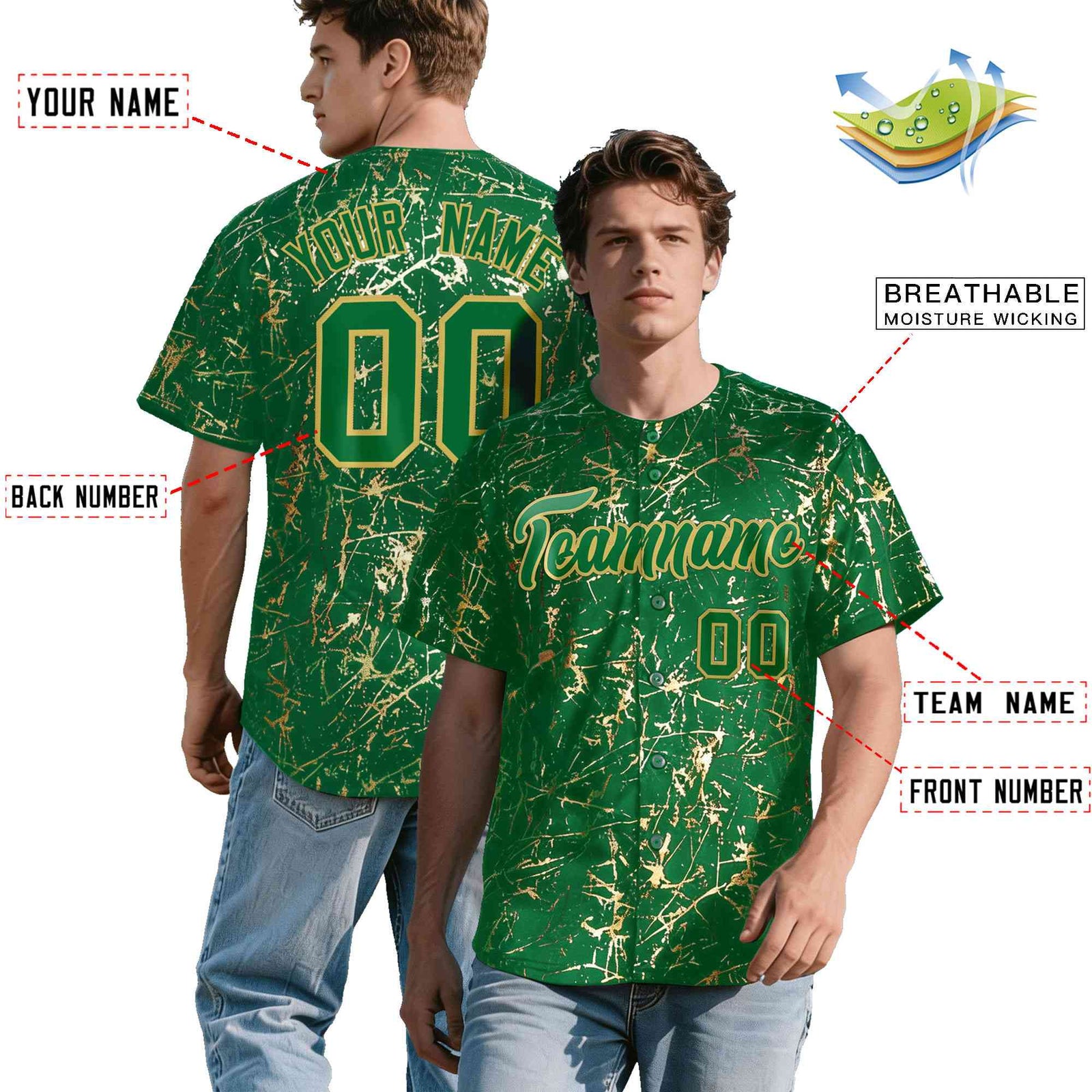 Custom Kelly Green Old Gold Shiny Gold Cracked Texture Baseball Jersey